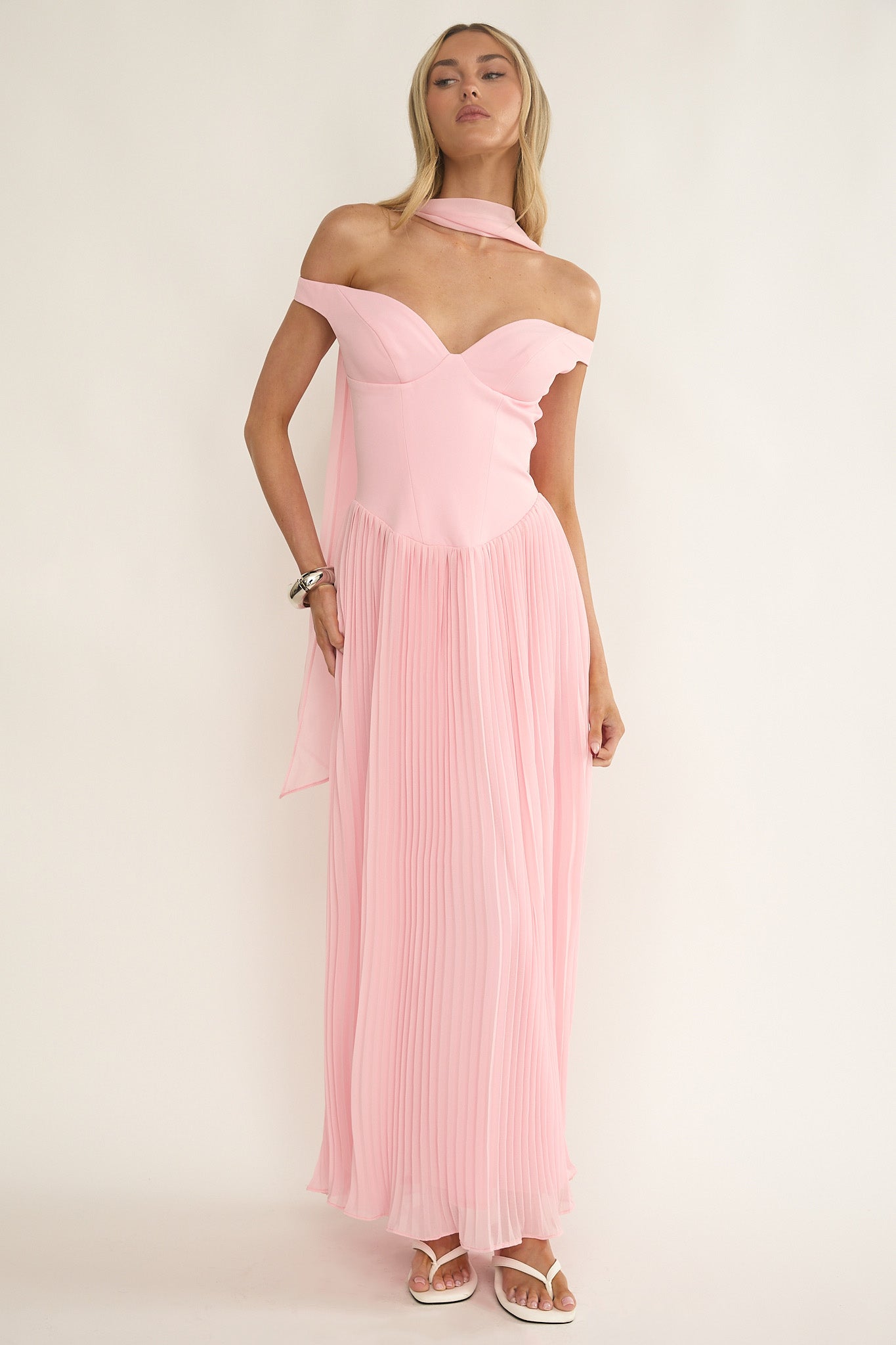 Quinnae Off-Shoulder Accordion Pleat Maxi Dress Pink by Selfie Leslie