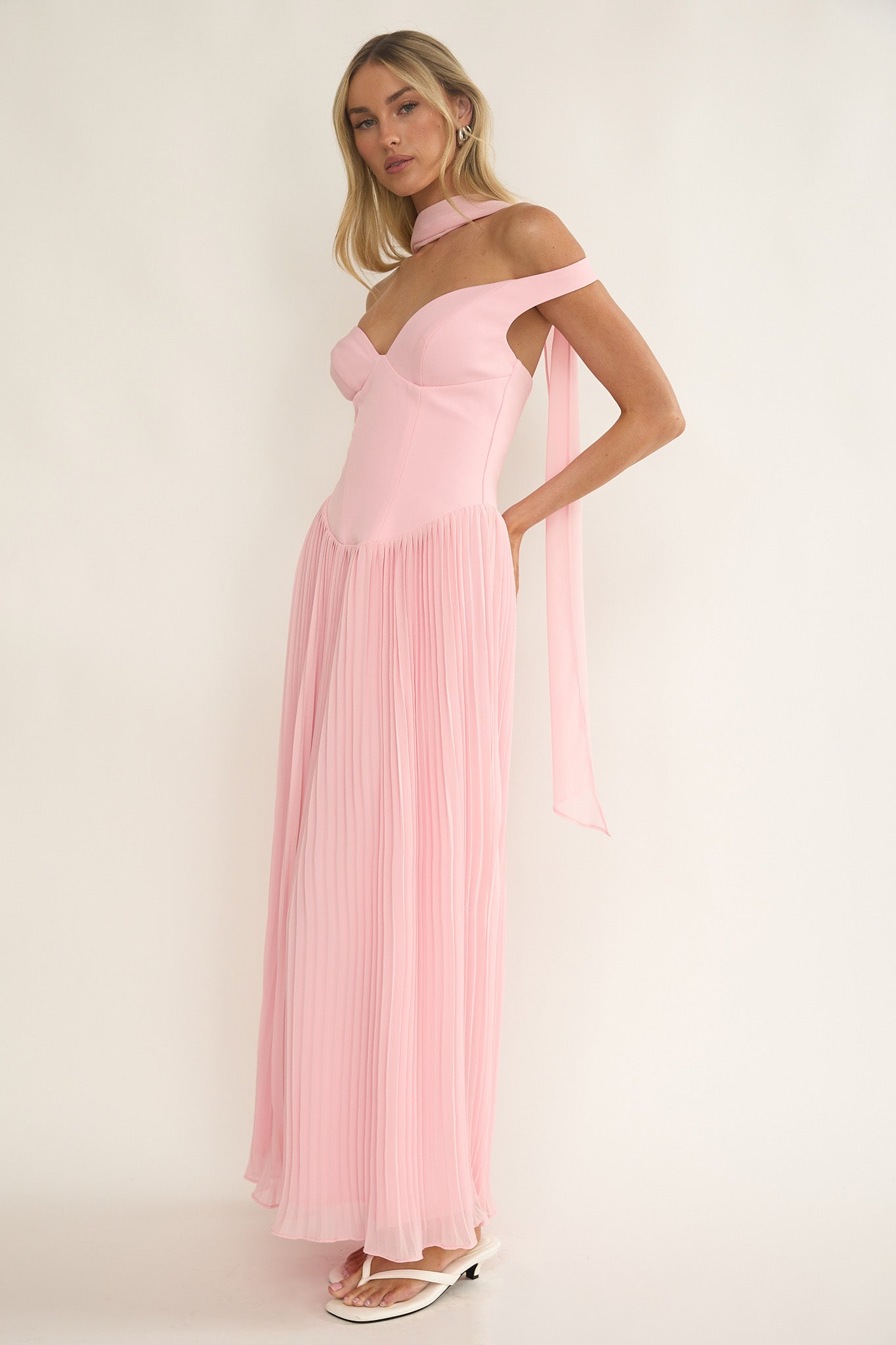Quinnae Off-Shoulder Accordion Pleat Maxi Dress Pink by Selfie Leslie