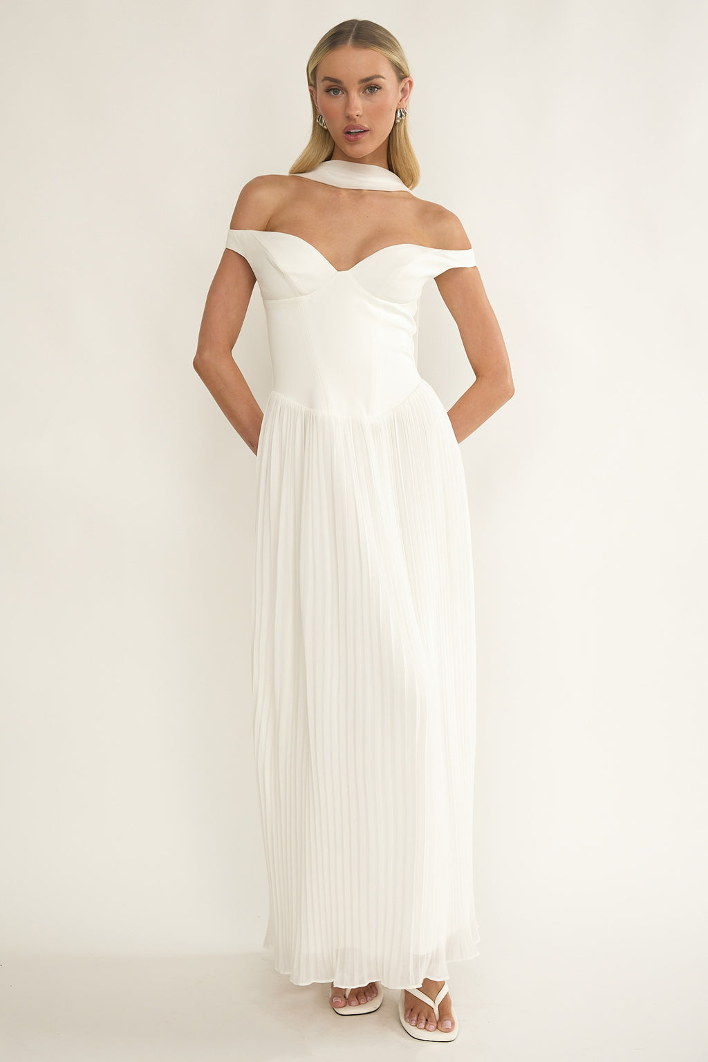 Quinnae Off-Shoulder Accordion Pleat Maxi Dress White by Selfie Leslie