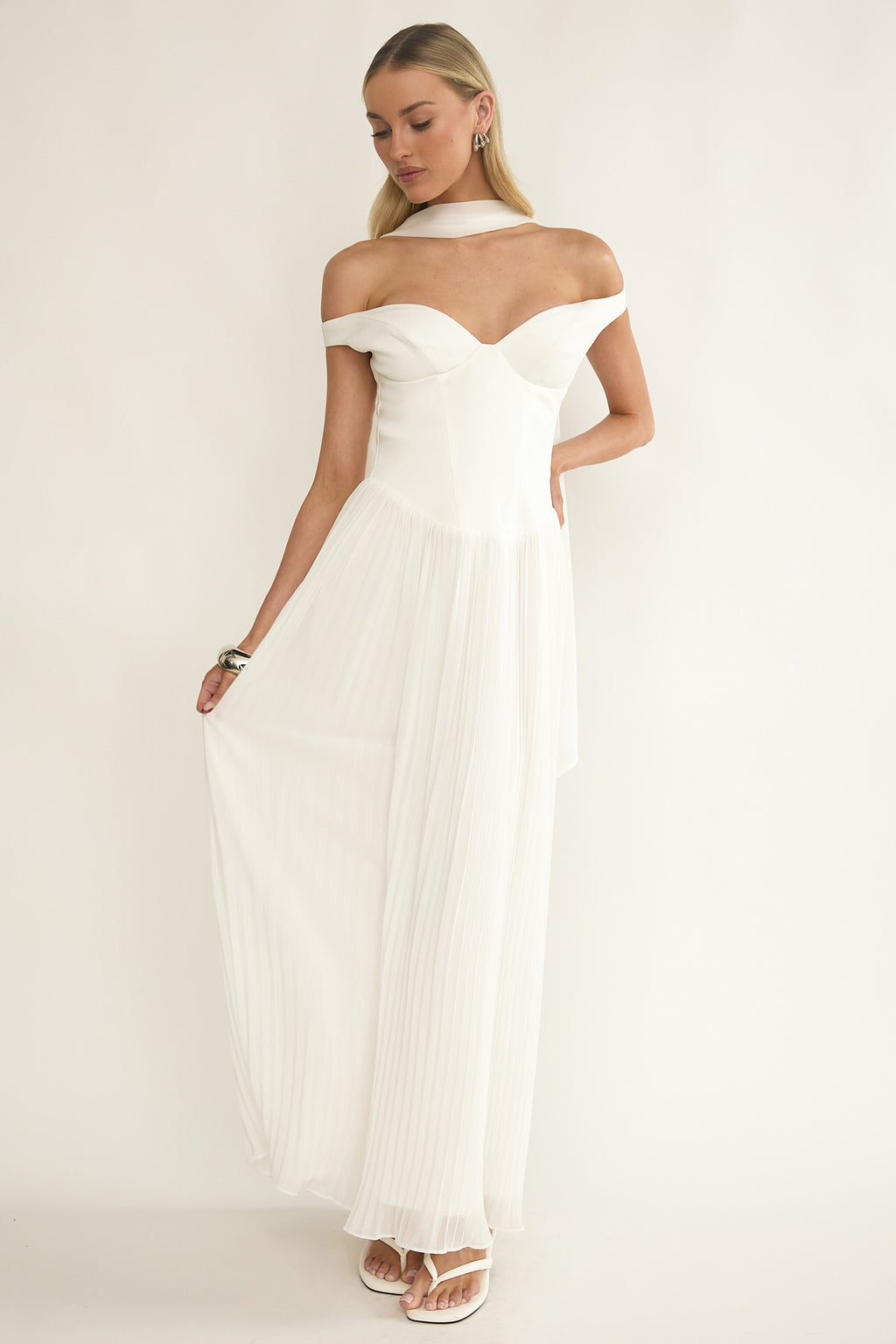 Quinnae Off-Shoulder Accordion Pleat Maxi Dress White by Selfie Leslie