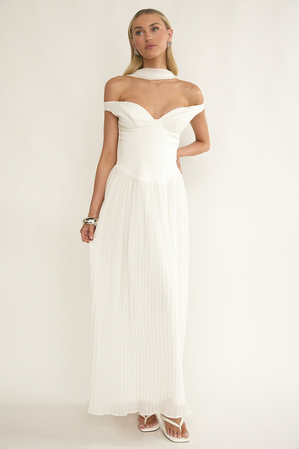 Quinnae Off-Shoulder Accordion Pleat Maxi Dress White by Selfie Leslie