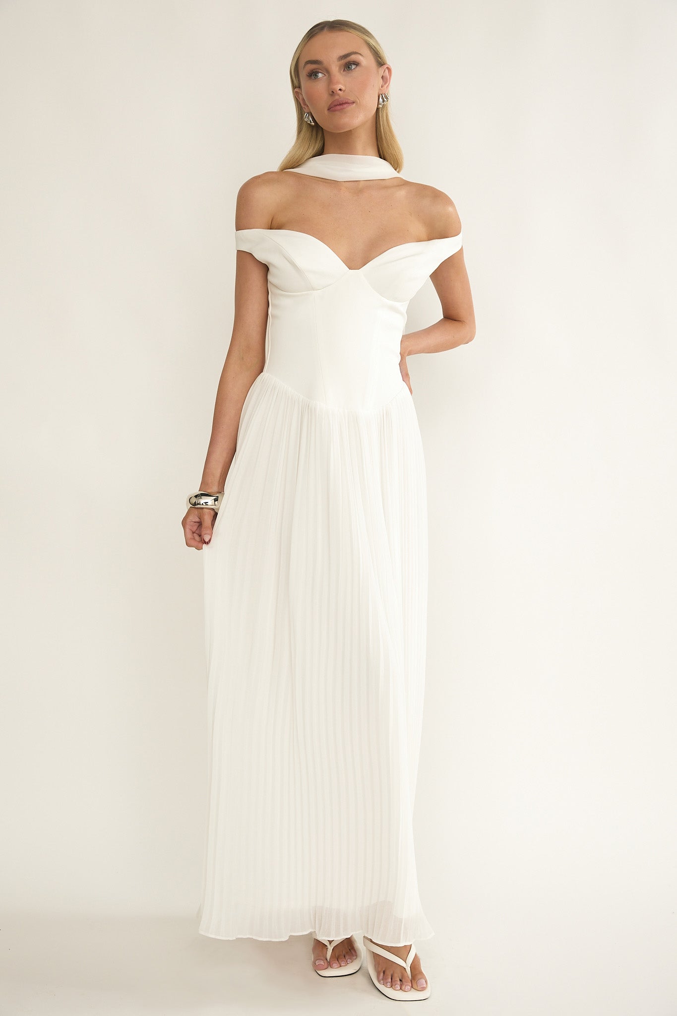 Quinnae Off-Shoulder Accordion Pleat Maxi Dress White by Selfie Leslie