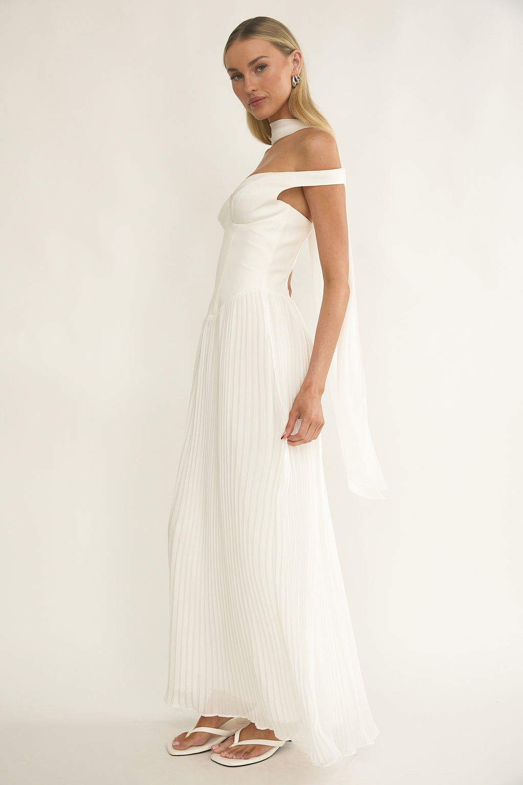 Quinnae Off-Shoulder Accordion Pleat Maxi Dress White by Selfie Leslie