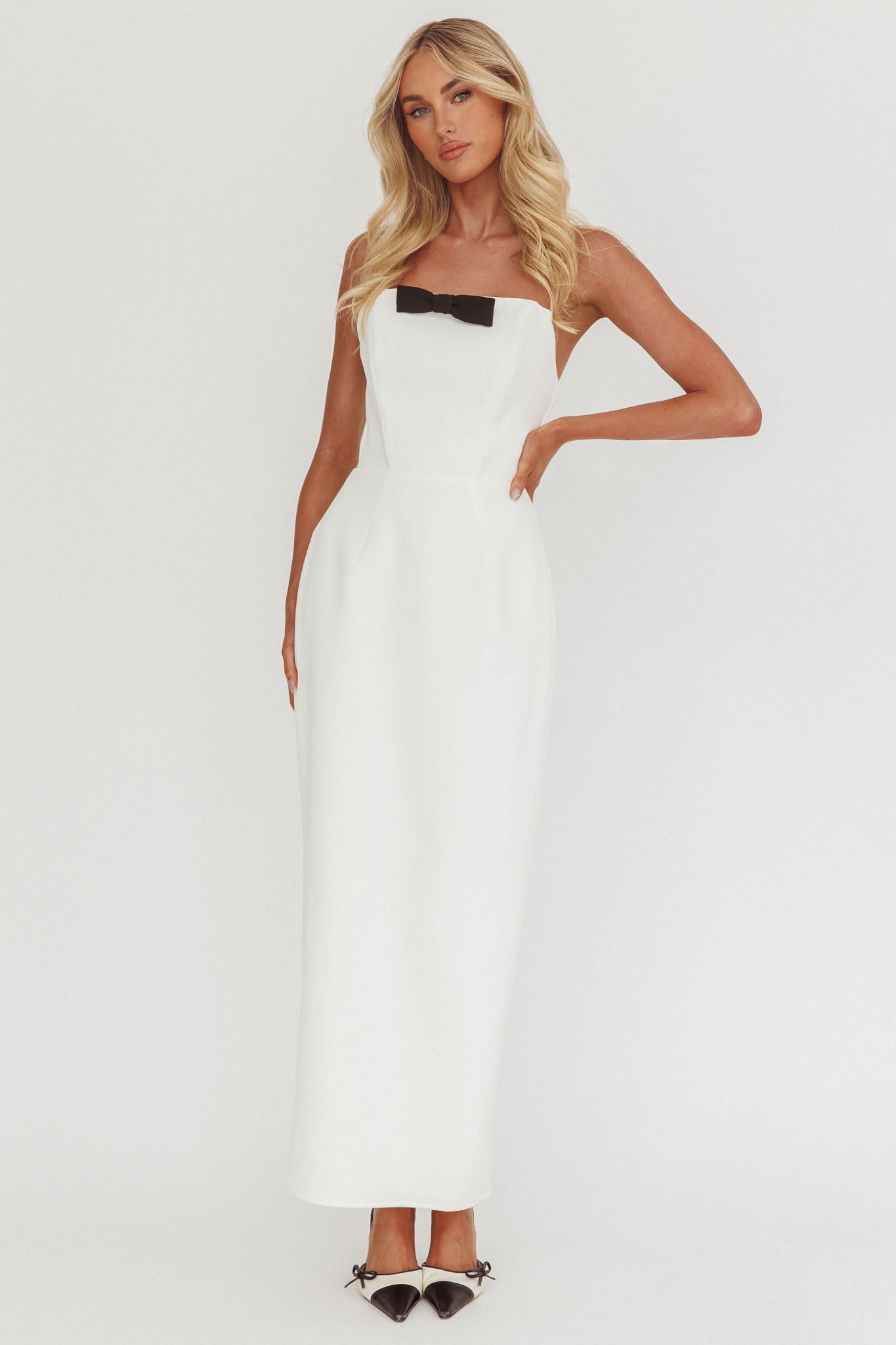 Cocktail Party Strapless Bow Bust Maxi Dress White by Selfie Leslie