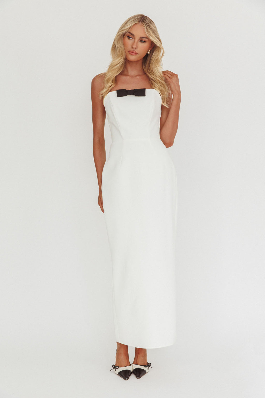 Cocktail Party Strapless Bow Bust Maxi Dress White by Selfie Leslie