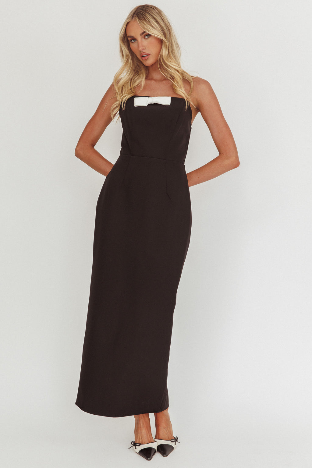 Cocktail Party Strapless Bow Bust Maxi Dress Black by Selfie Leslie