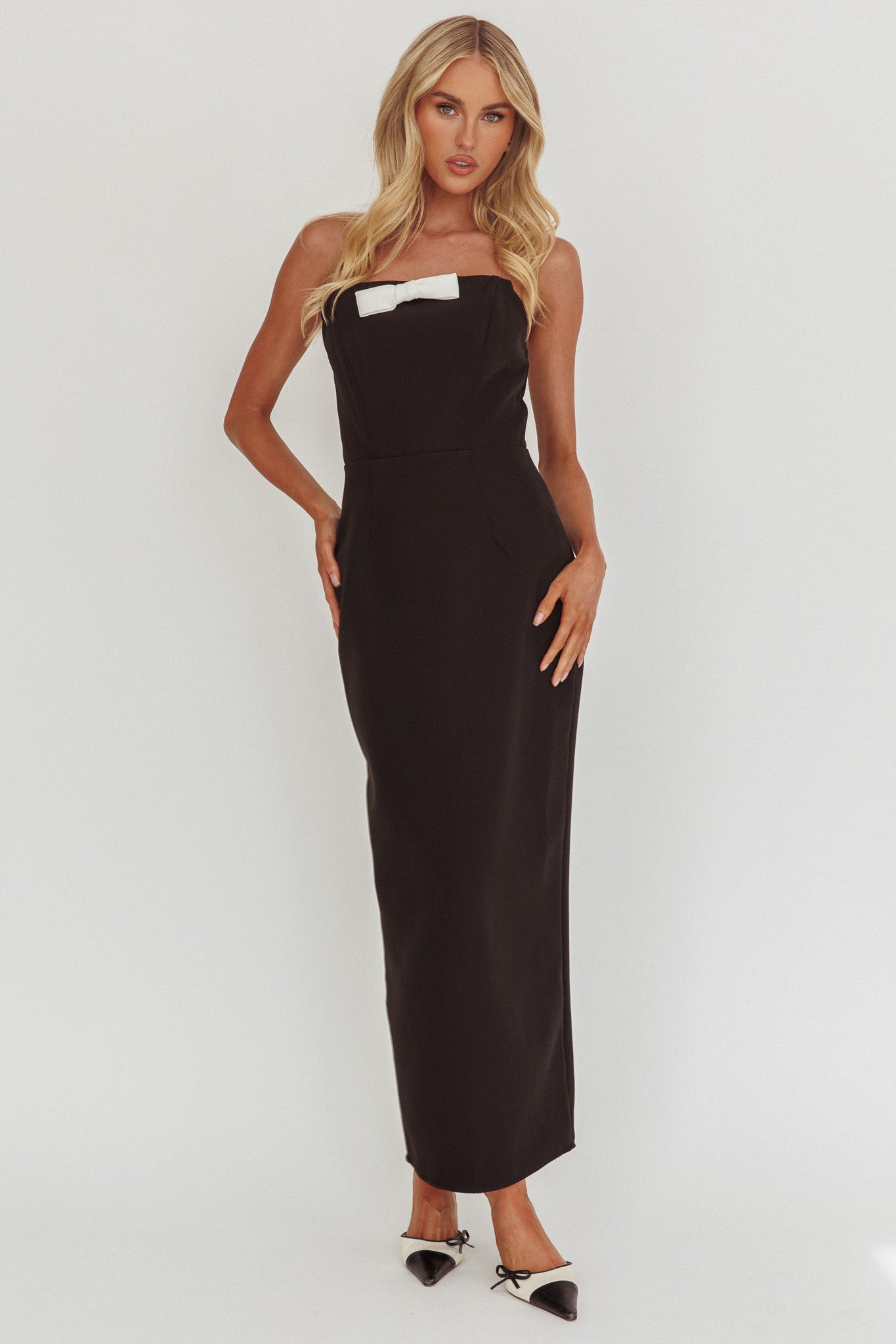 Cocktail Party Strapless Bow Bust Maxi Dress Black by Selfie Leslie
