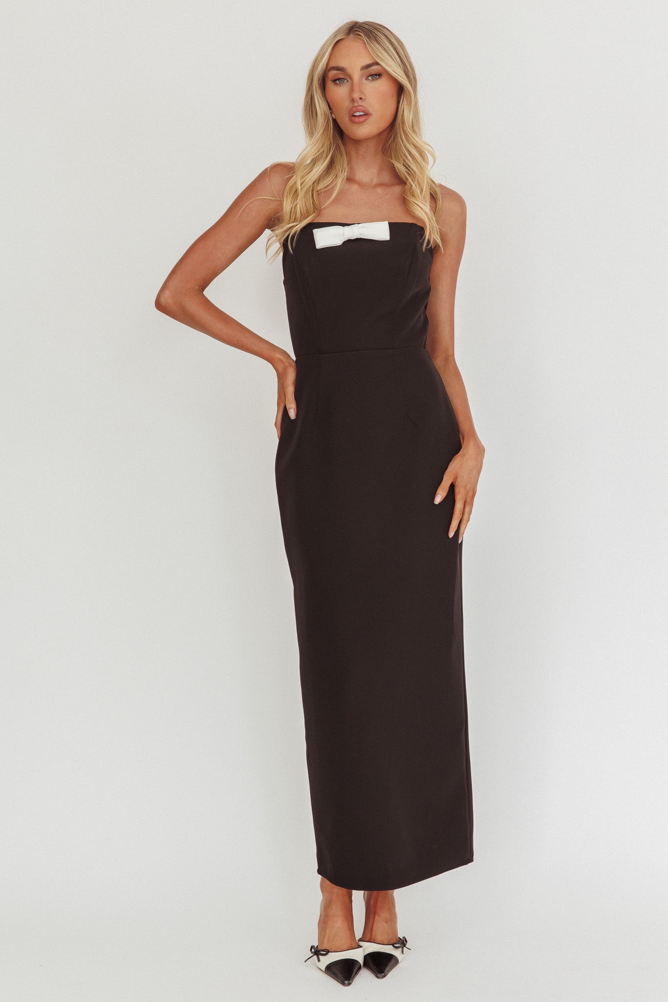 Cocktail Party Strapless Bow Bust Maxi Dress Black by Selfie Leslie