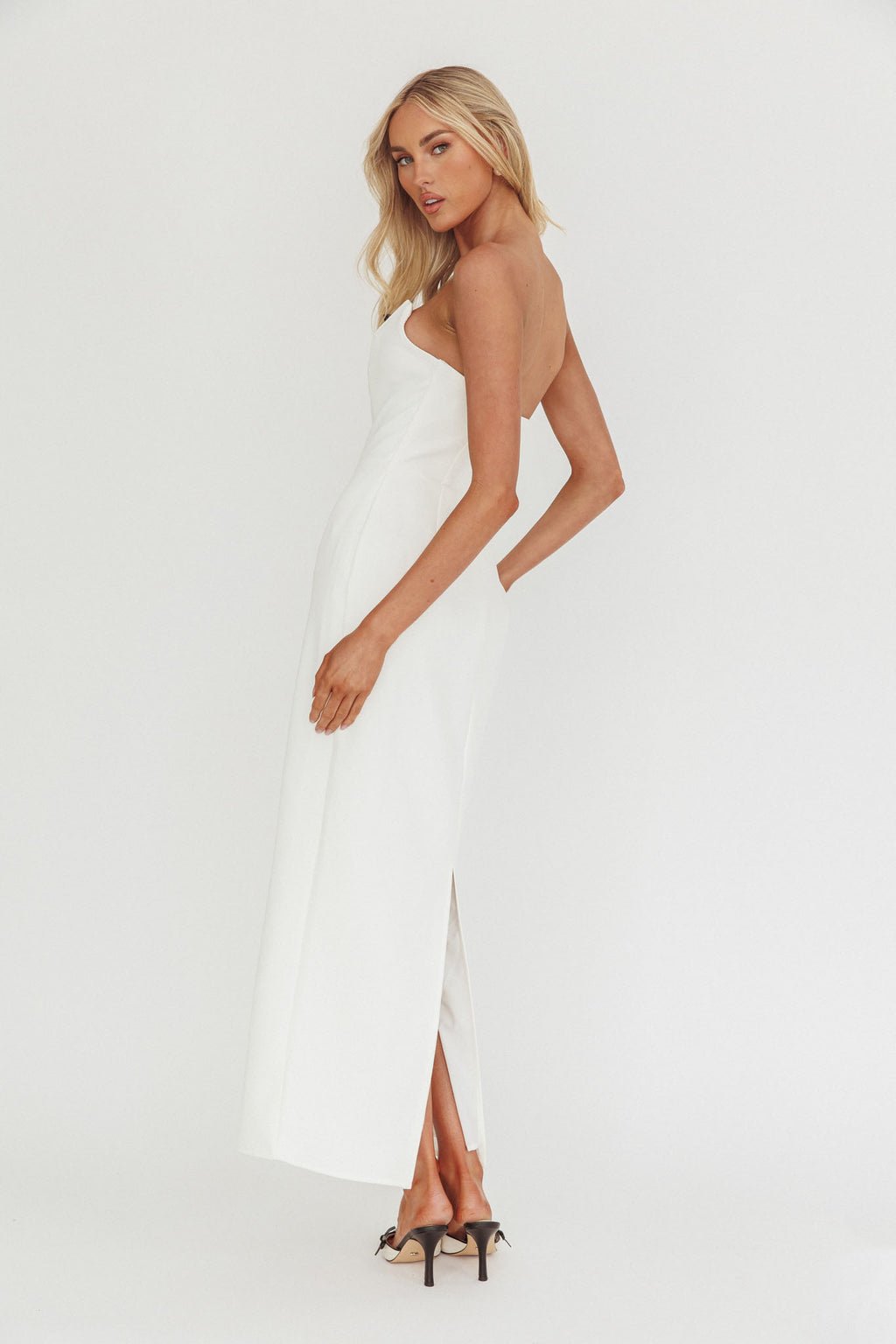 Cocktail Party Strapless Bow Bust Maxi Dress White by Selfie Leslie