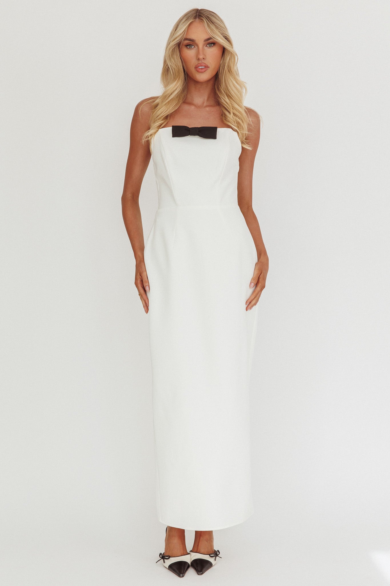 Cocktail Party Strapless Bow Bust Maxi Dress White by Selfie Leslie