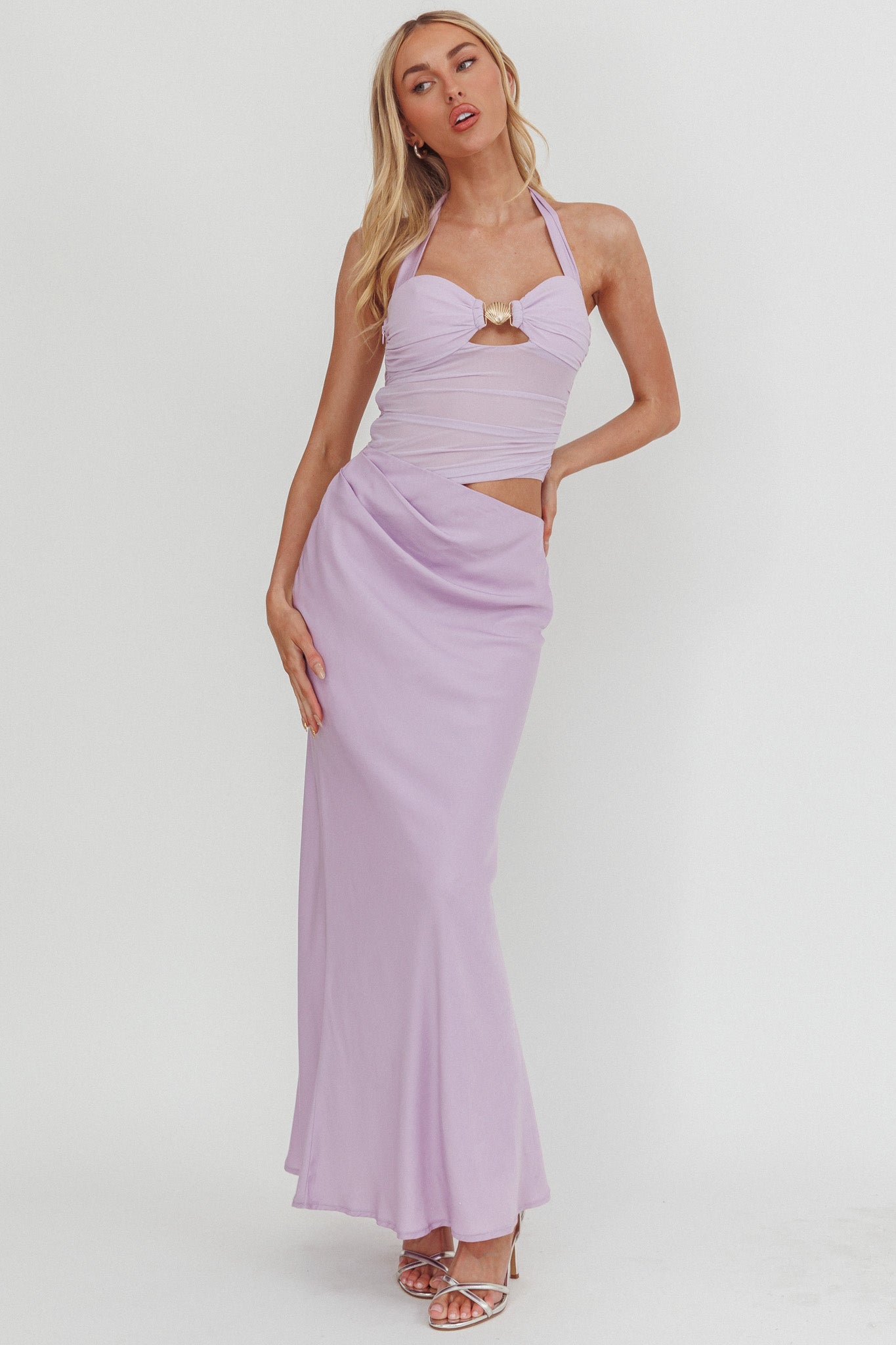 Sandy Shell Buckle Halter Maxi Dress Lilac by Selfie Leslie