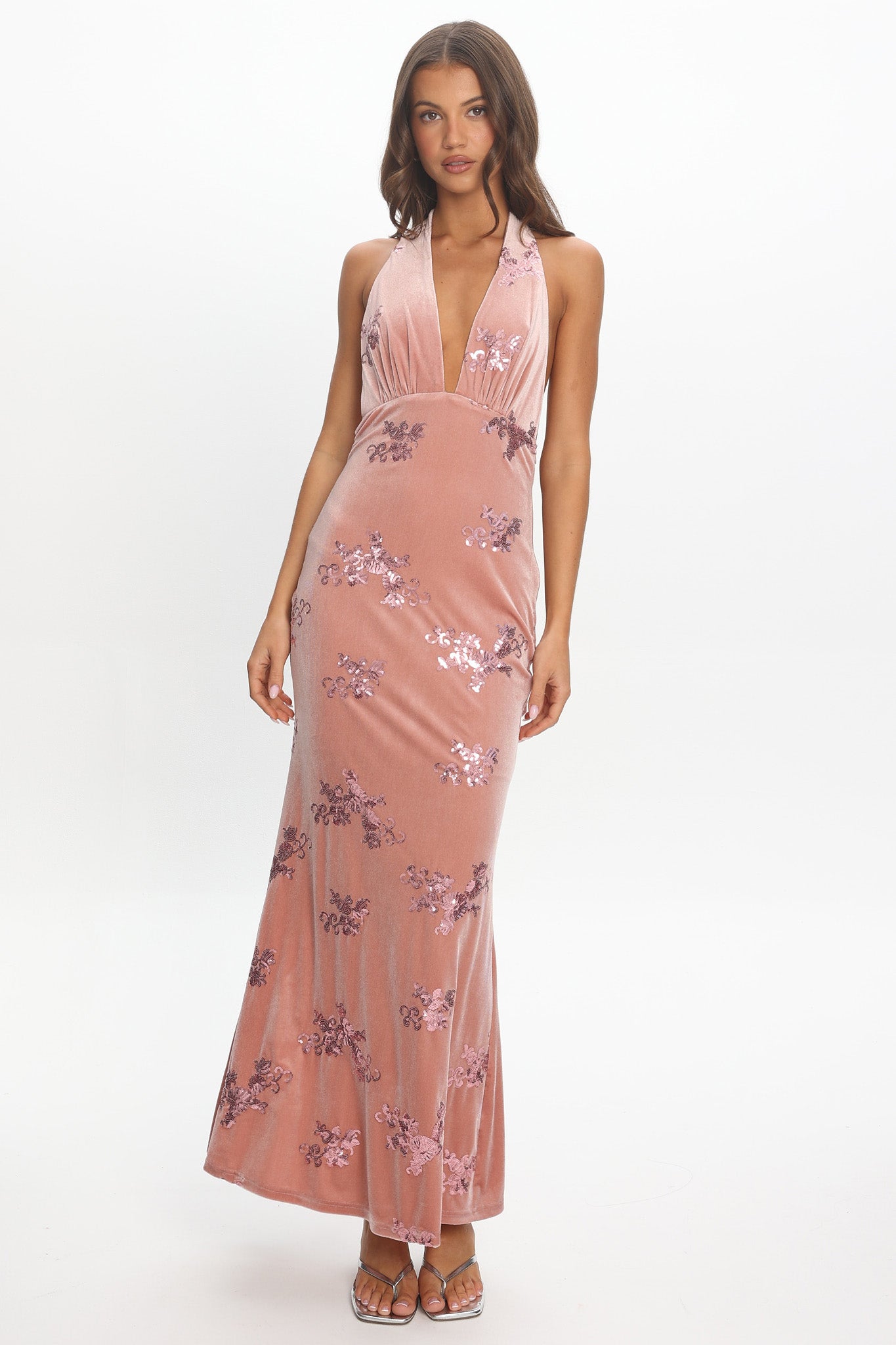 Annorah Halterneck Velvet Maxi Dress Sequin Blush
