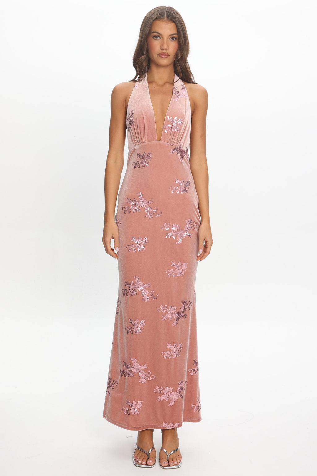 Annorah Halterneck Velvet Maxi Dress Sequin Blush