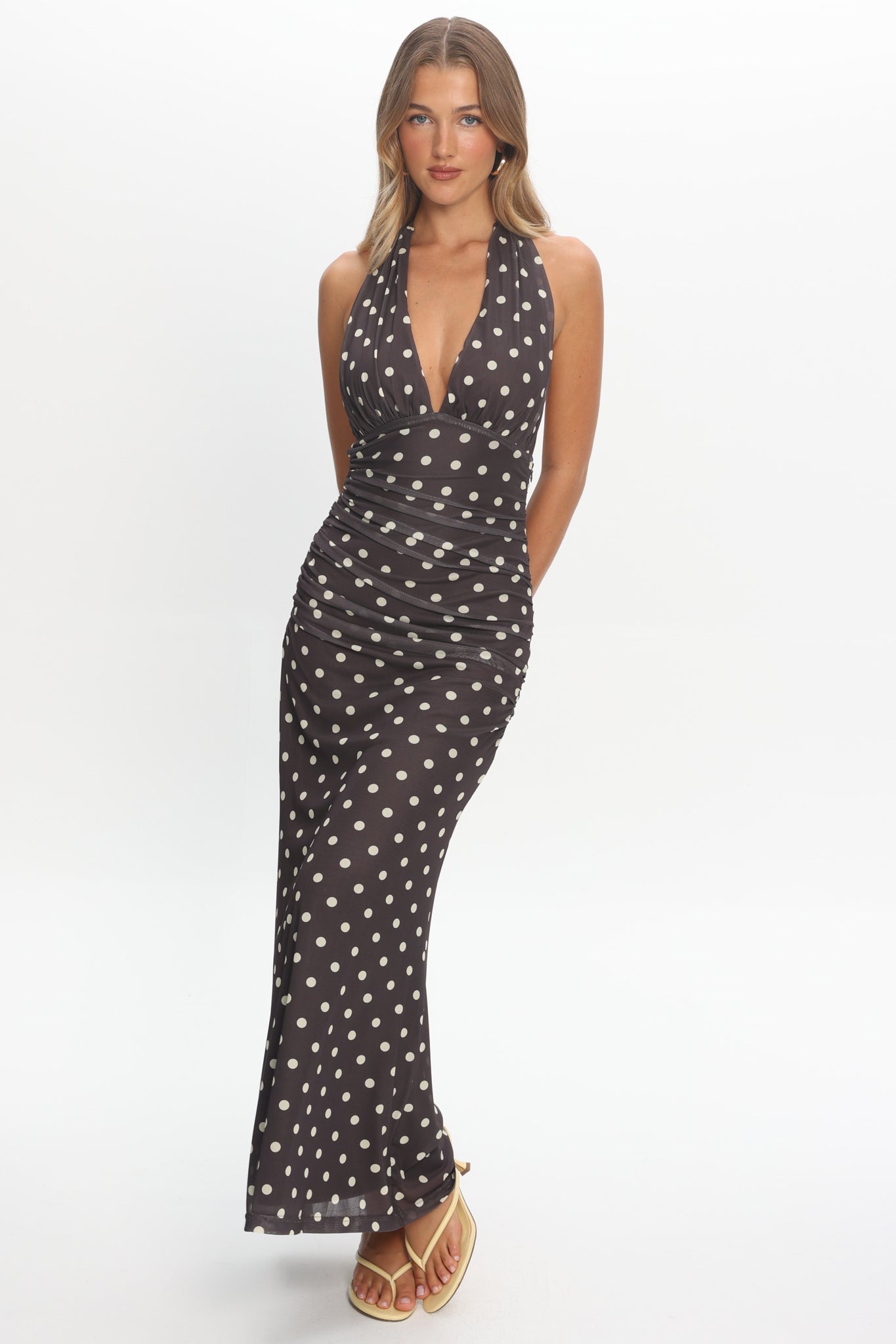 Annorah Halterneck Maxi Dress Polka Dot Chocolate | Selfie Leslie