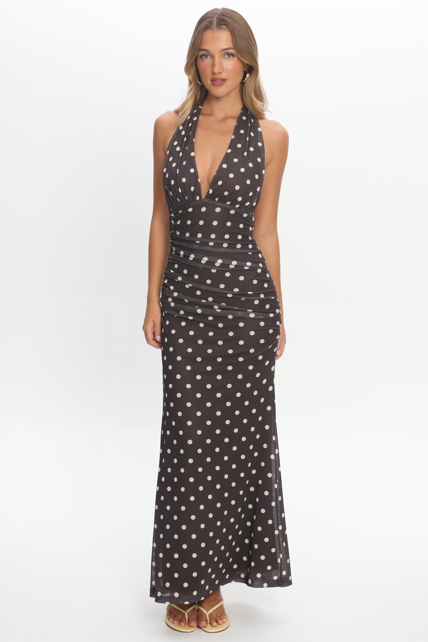Annorah Halterneck Maxi Dress Polka Dot Chocolate | Selfie Leslie