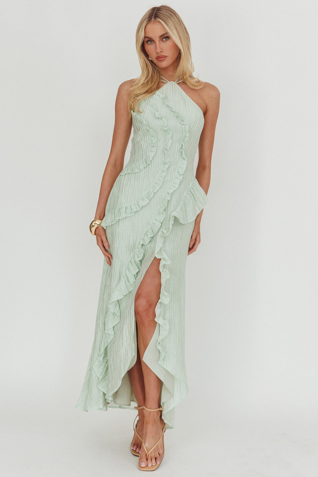 Nerisse Textured Frill Halter Maxi Dress Sage by Selfie Leslie