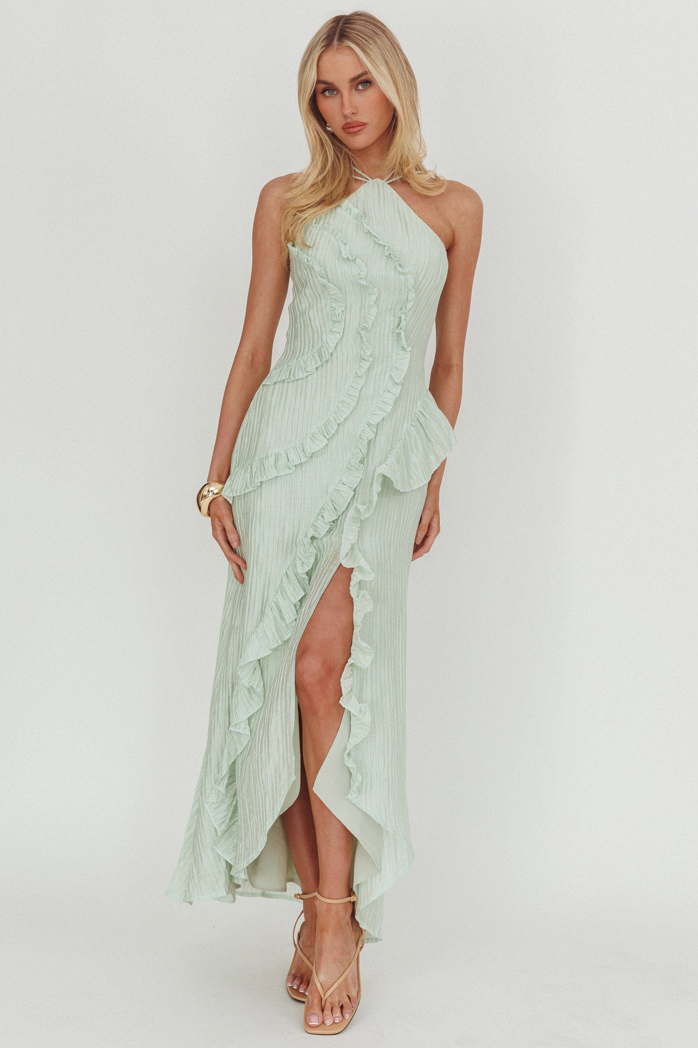 Nerisse Textured Frill Halter Maxi Dress Sage by Selfie Leslie