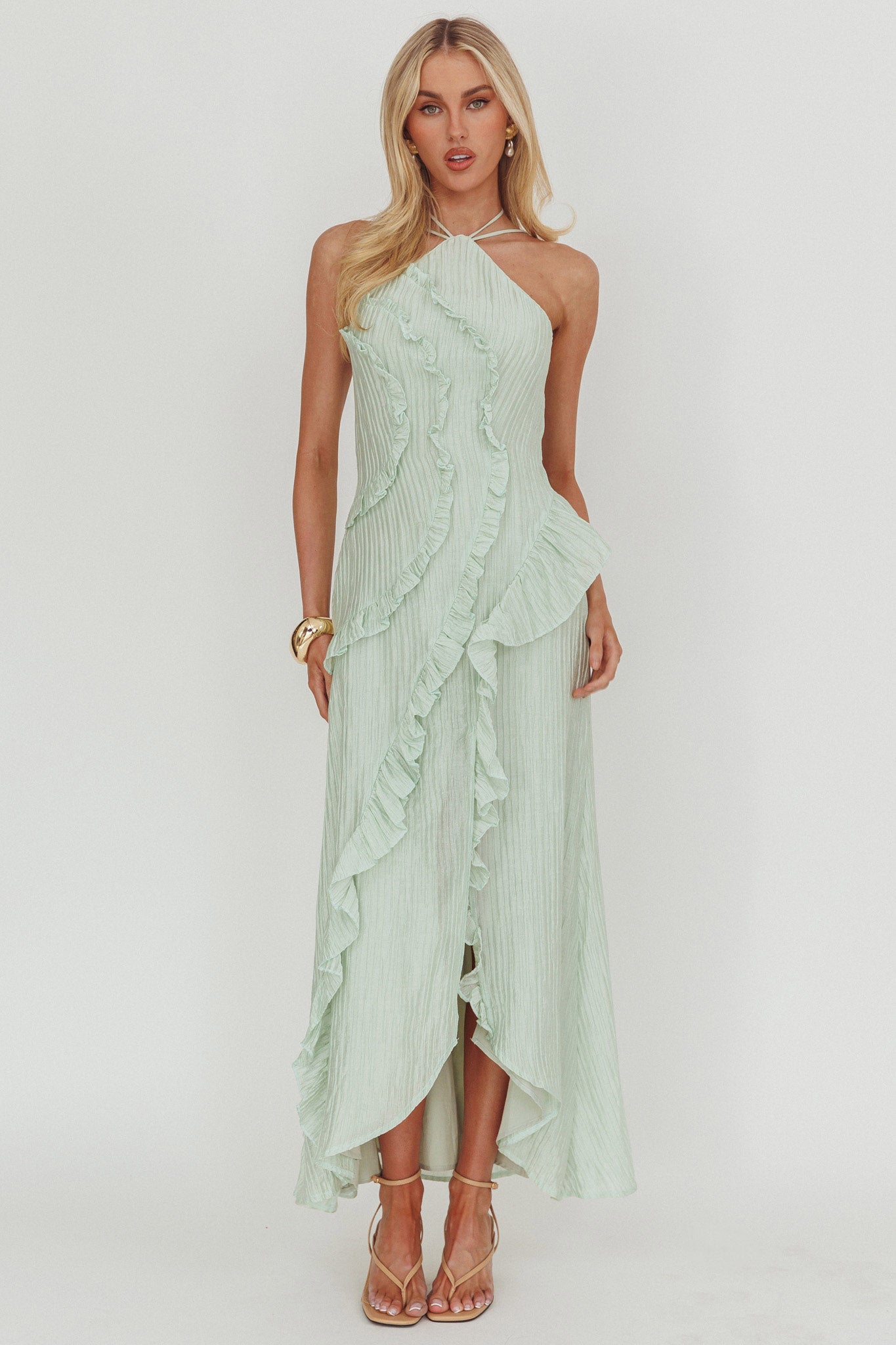 Nerisse Textured Frill Halter Maxi Dress Sage by Selfie Leslie