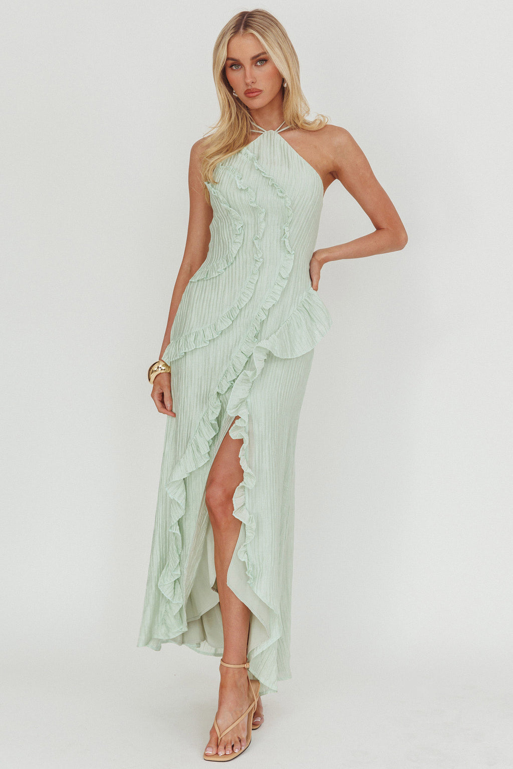 Nerisse Textured Frill Halter Maxi Dress Sage by Selfie Leslie