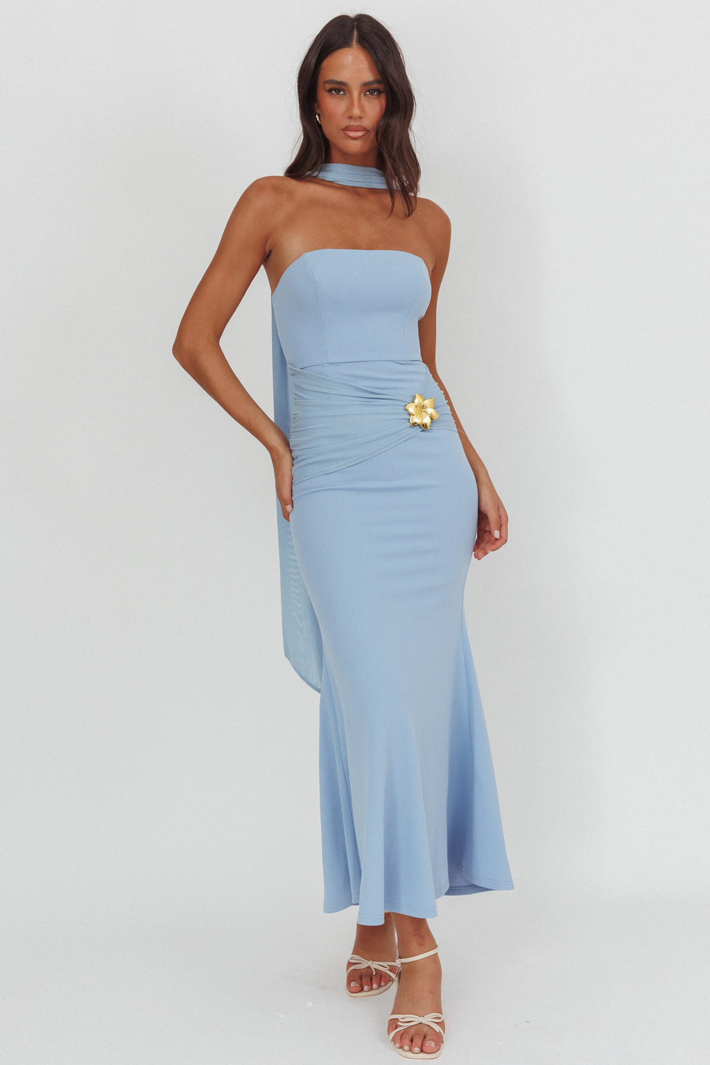 Jeramia Strapless Brooch Maxi Dress Blue | Selfie Leslie