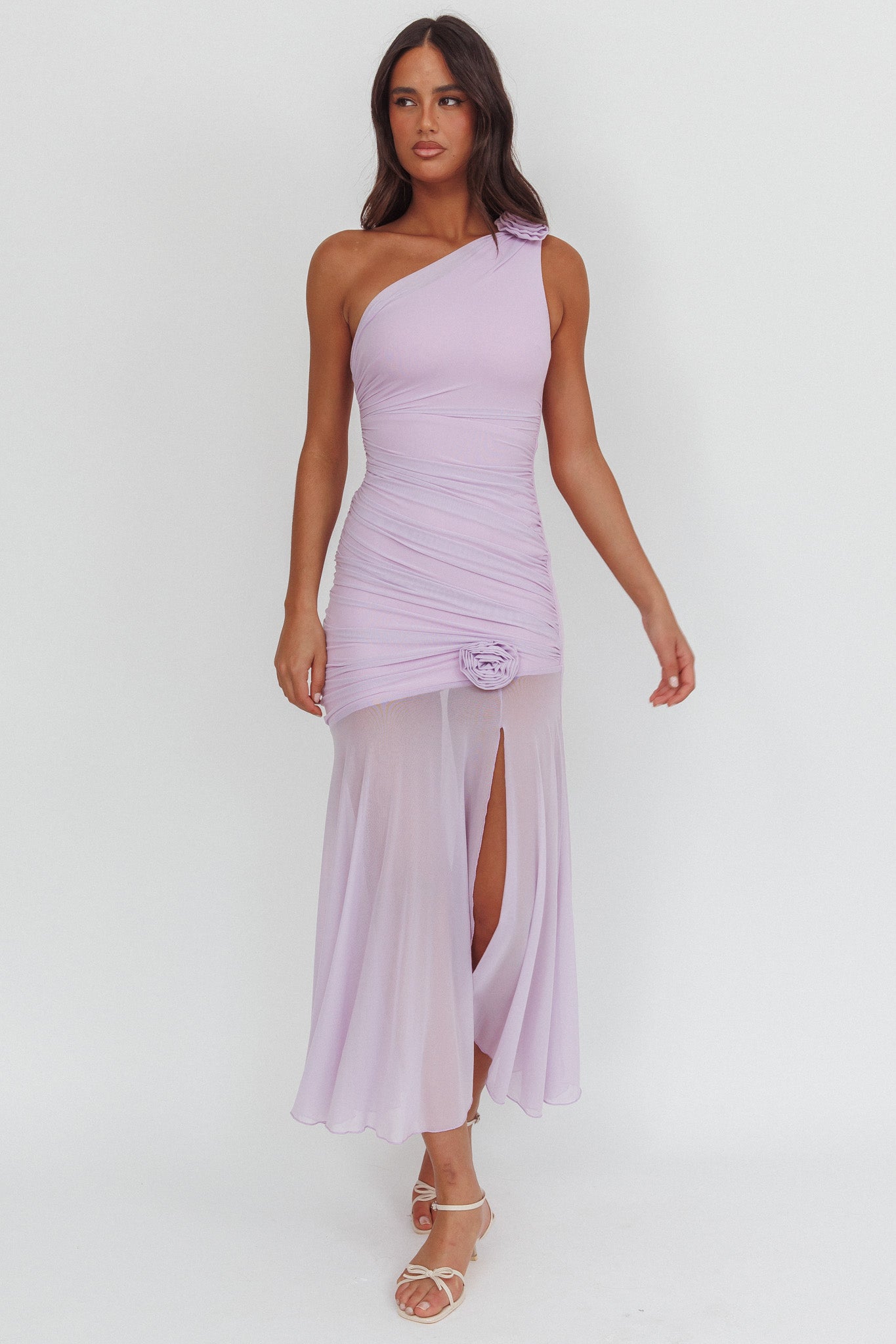 Lost Love One-Shoulder Sheer Hem Maxi Dress Lilac by Selfie Leslie