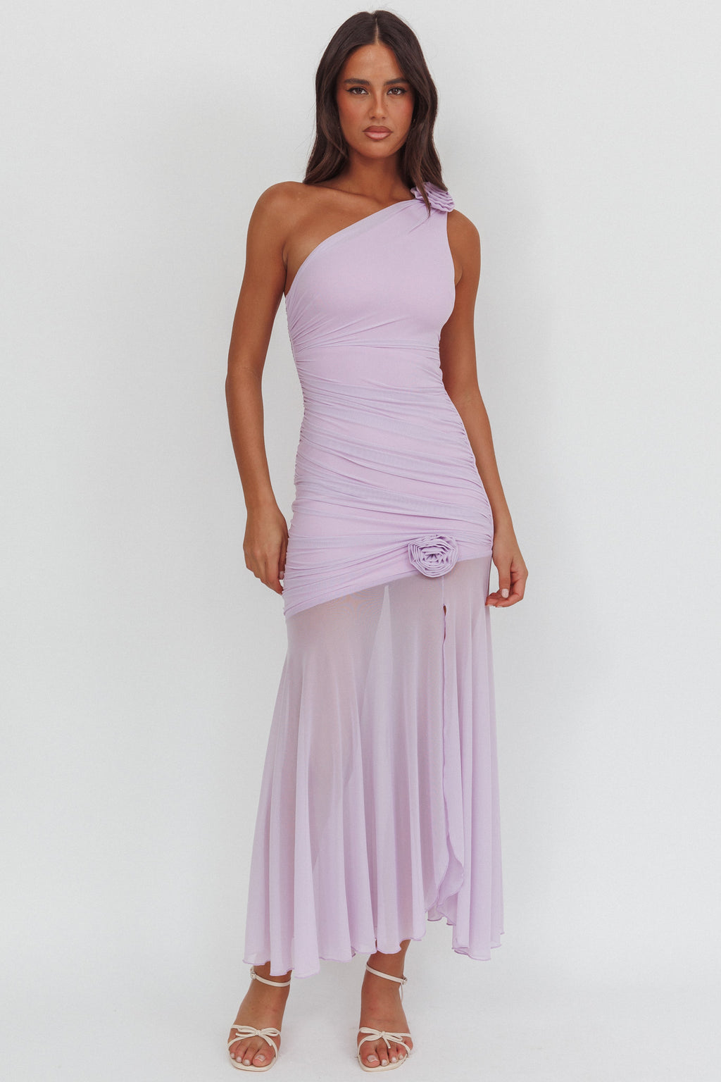 Lost Love One-Shoulder Sheer Hem Maxi Dress Lilac by Selfie Leslie