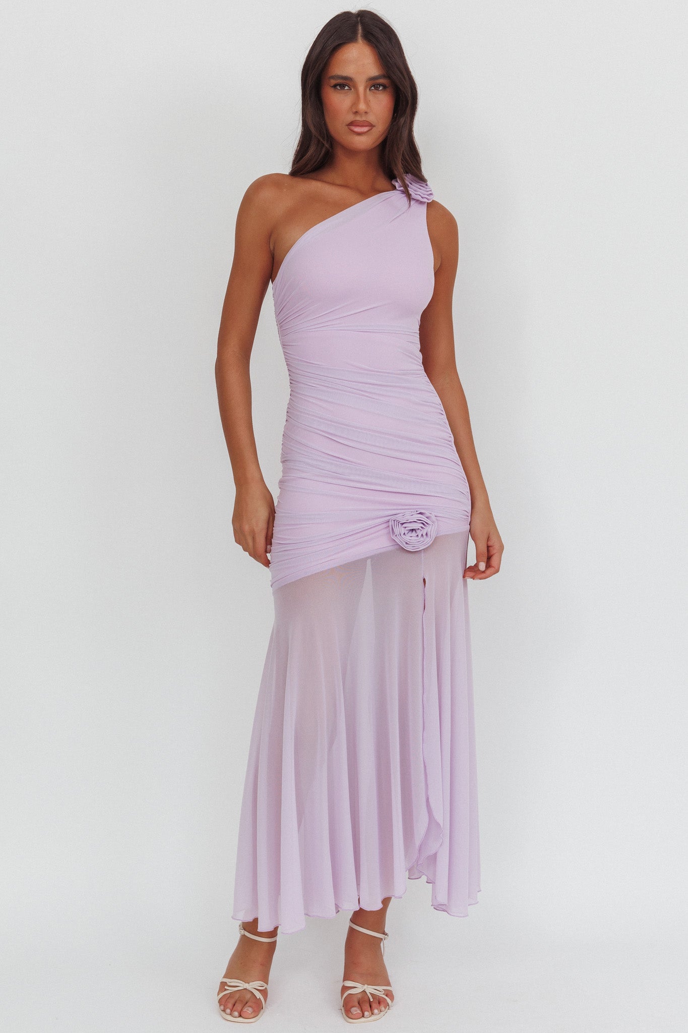 Lost Love One-Shoulder Sheer Hem Maxi Dress Lilac by Selfie Leslie