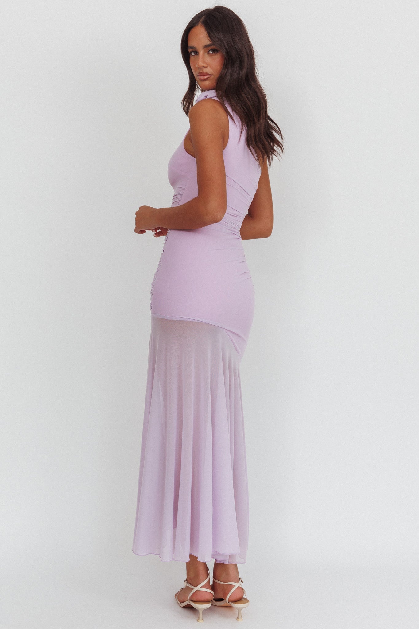 sheer sequin one shoulder cut out maxi dress in lilac Oh Polly Isabel Sheer Sequin One Shoulder Cut Out Maxi Dress Lilac - US 6