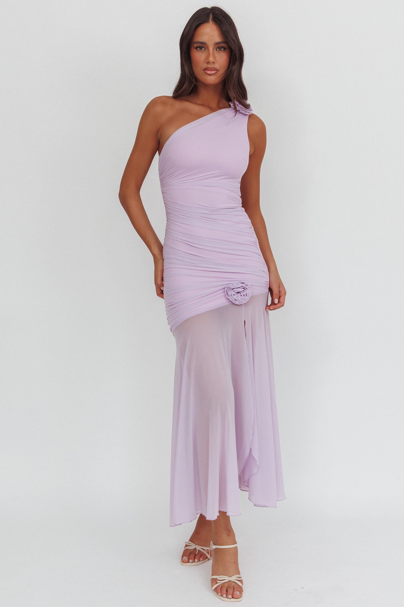 sheer sequin one shoulder cut out maxi dress in lilac Oh Polly Isabel Sheer Sequin One Shoulder Cut Out Maxi Dress Lilac - US 6