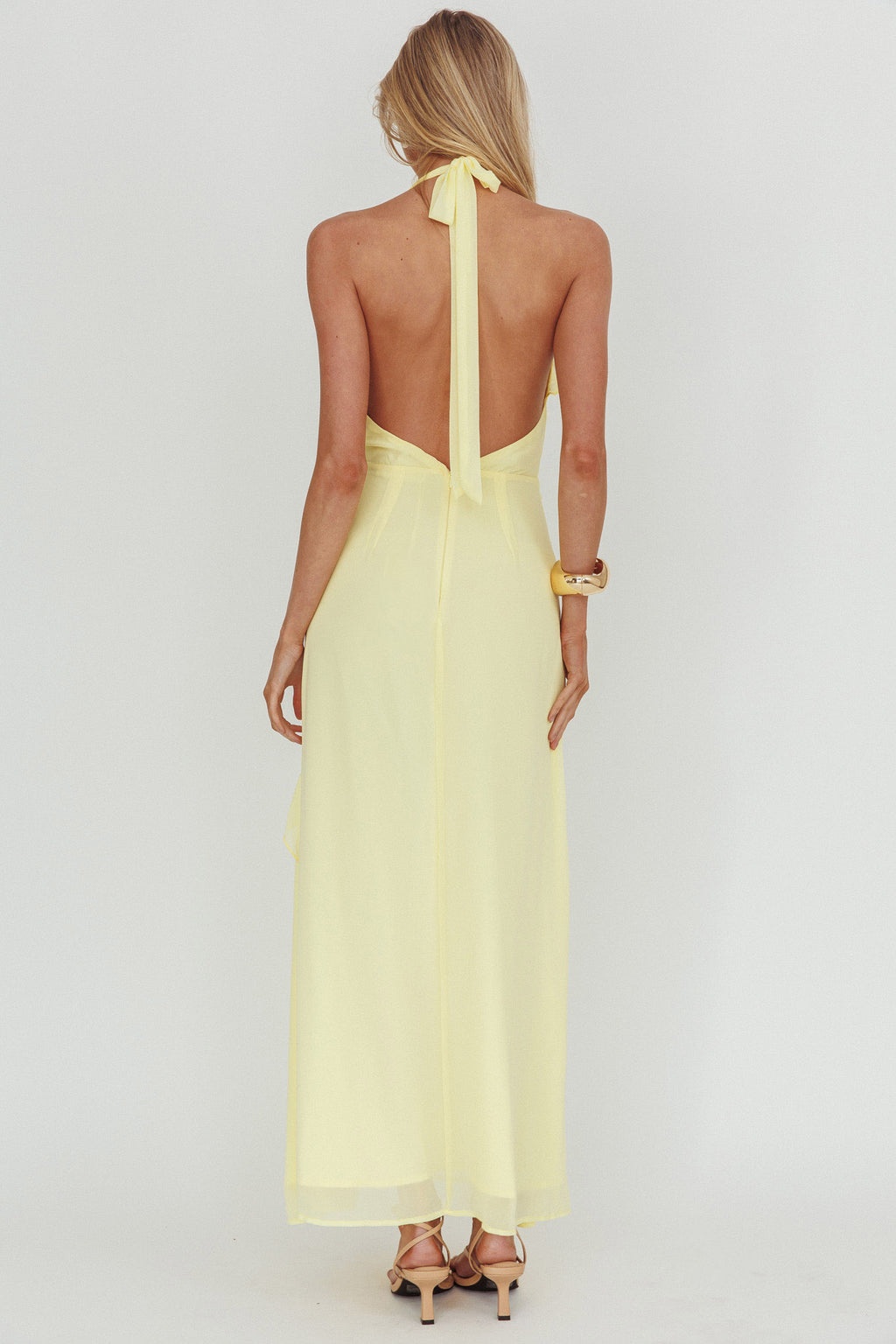 Enticing Halterneck Frill Maxi Dress Yellow by Selfie Leslie