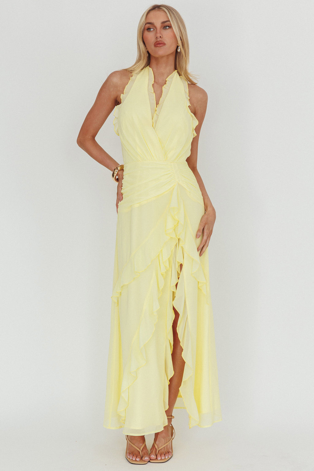 Enticing Halterneck Frill Maxi Dress Yellow by Selfie Leslie