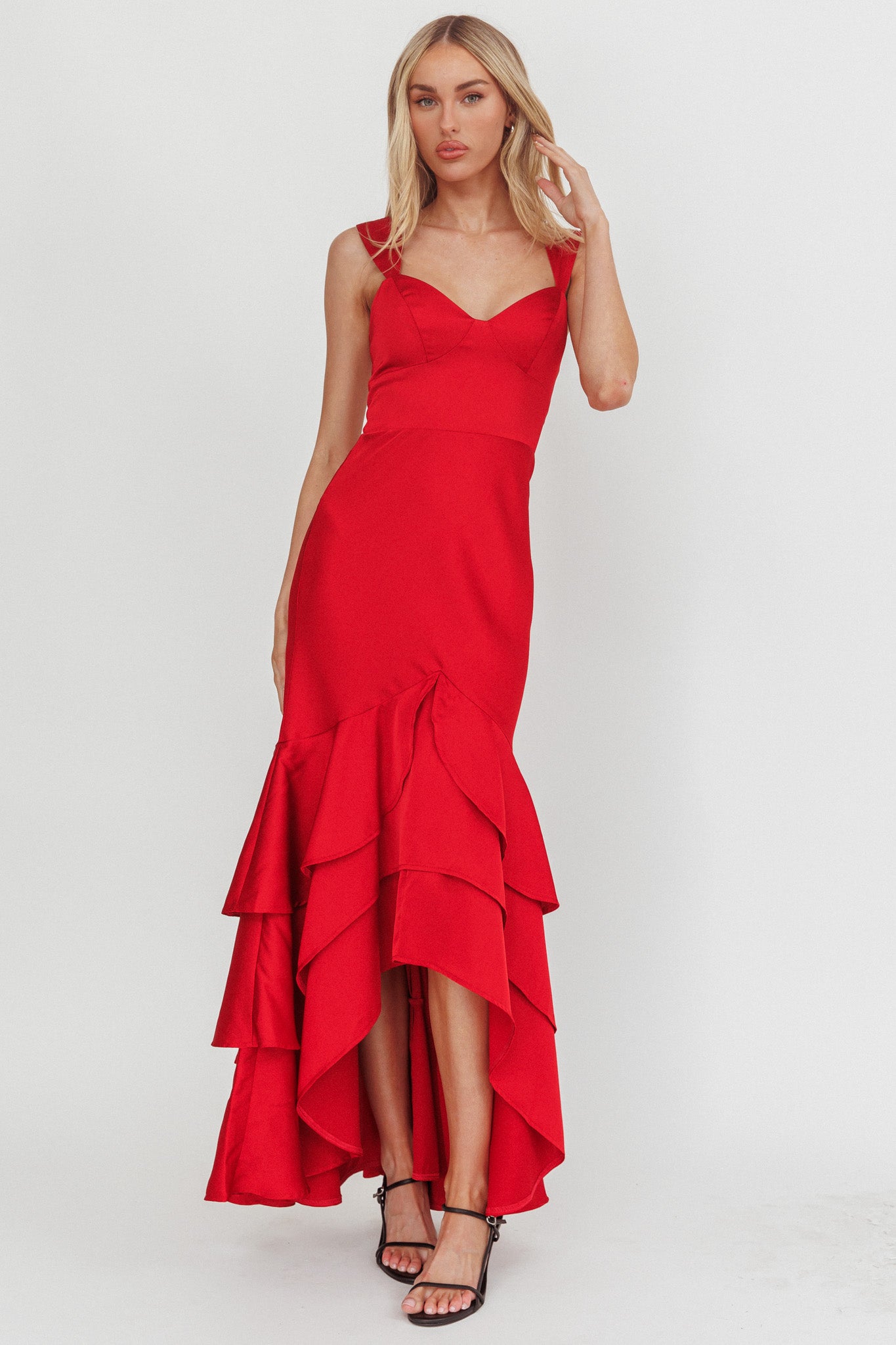 Baylin Layered Mermaid Hem Maxi Dress Red Baylin Layered Mermaid Hem Maxi Dress Red