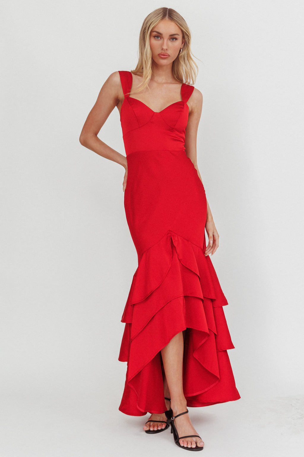 Baylin Layered Mermaid Hem Maxi Dress Red by Selfie Leslie