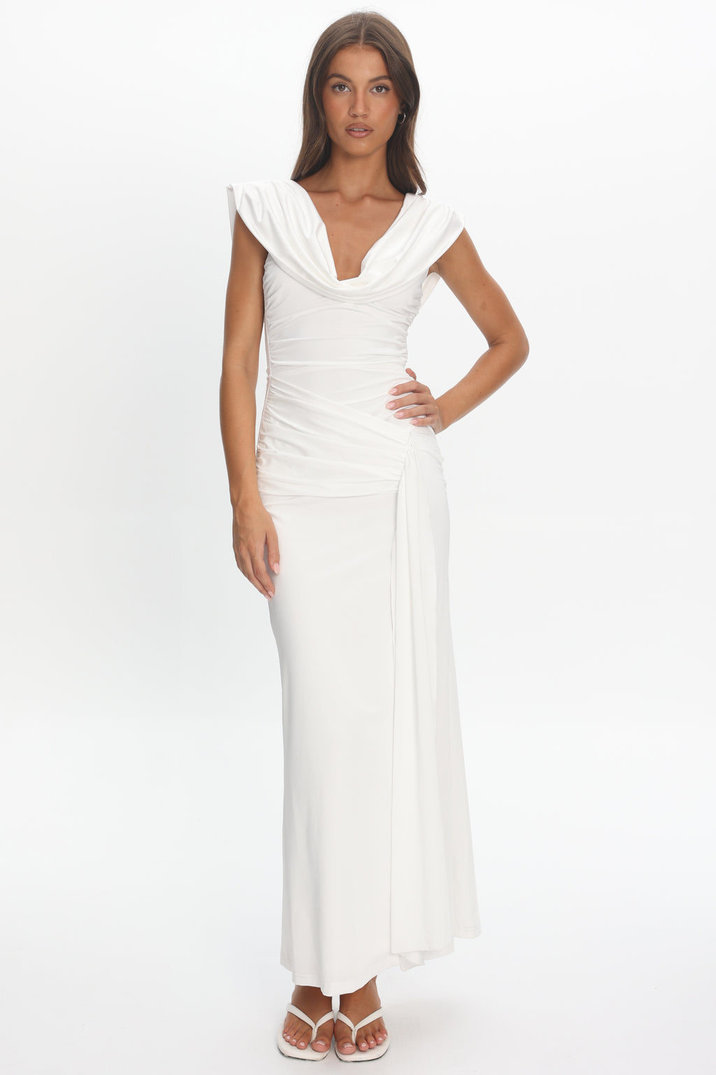 Fermi Draped Shoulder Maxi Dress Off White by Selfie Leslie