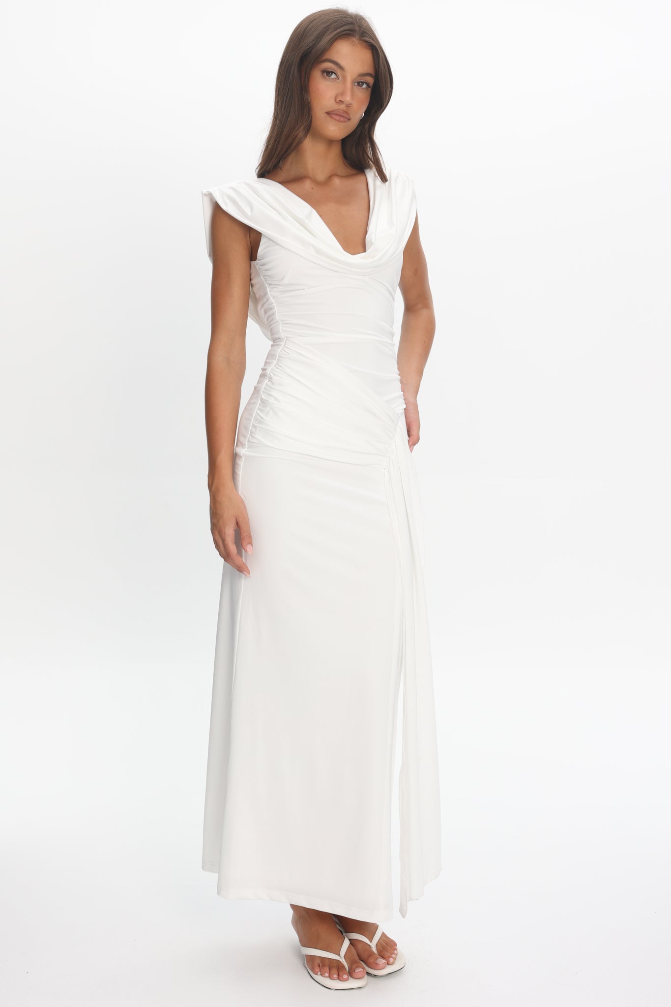 Fermi Draped Shoulder Maxi Dress Off White | Selfie Leslie