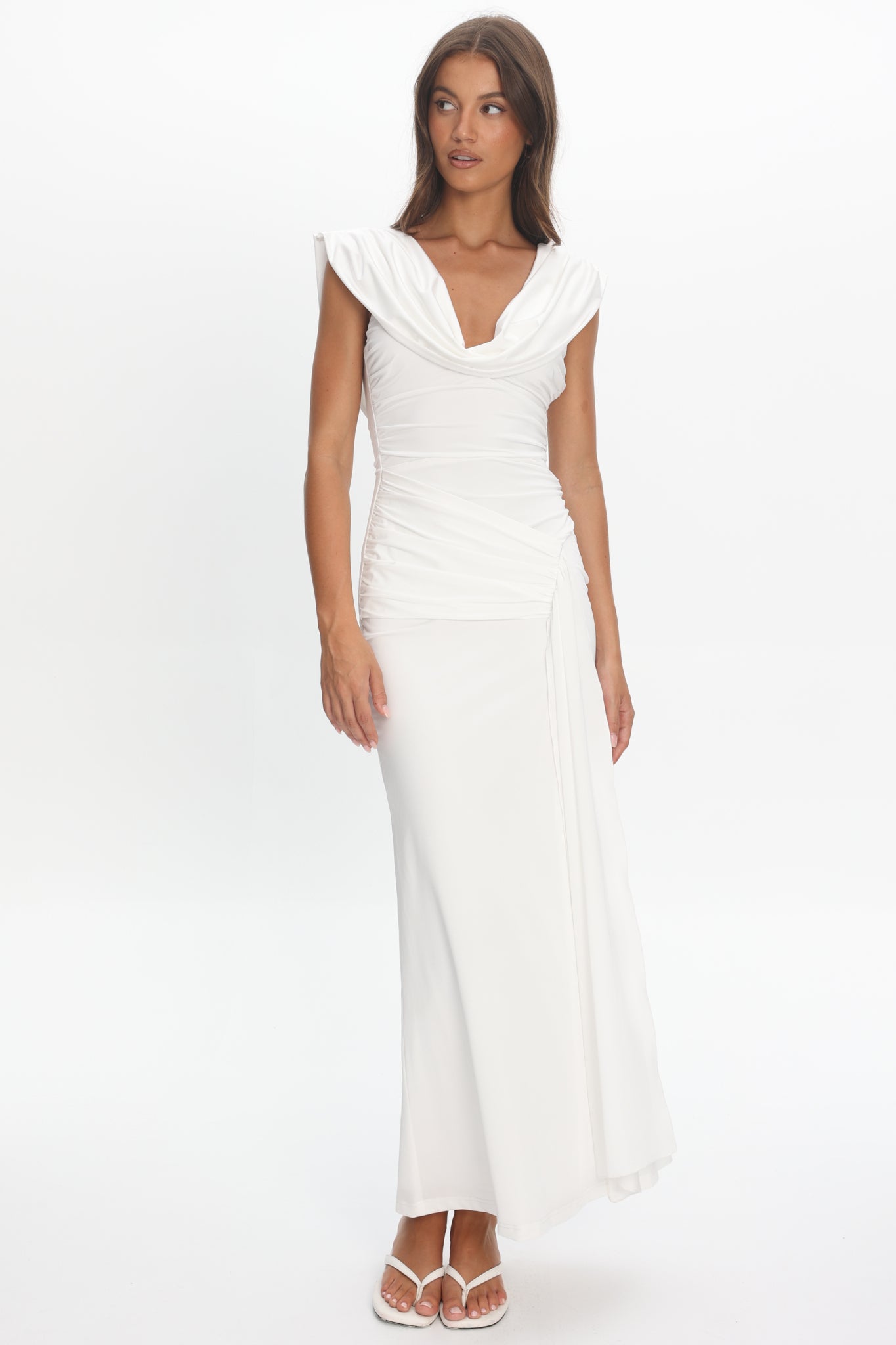 Fermi Draped Shoulder Maxi Dress Off White | Selfie Leslie