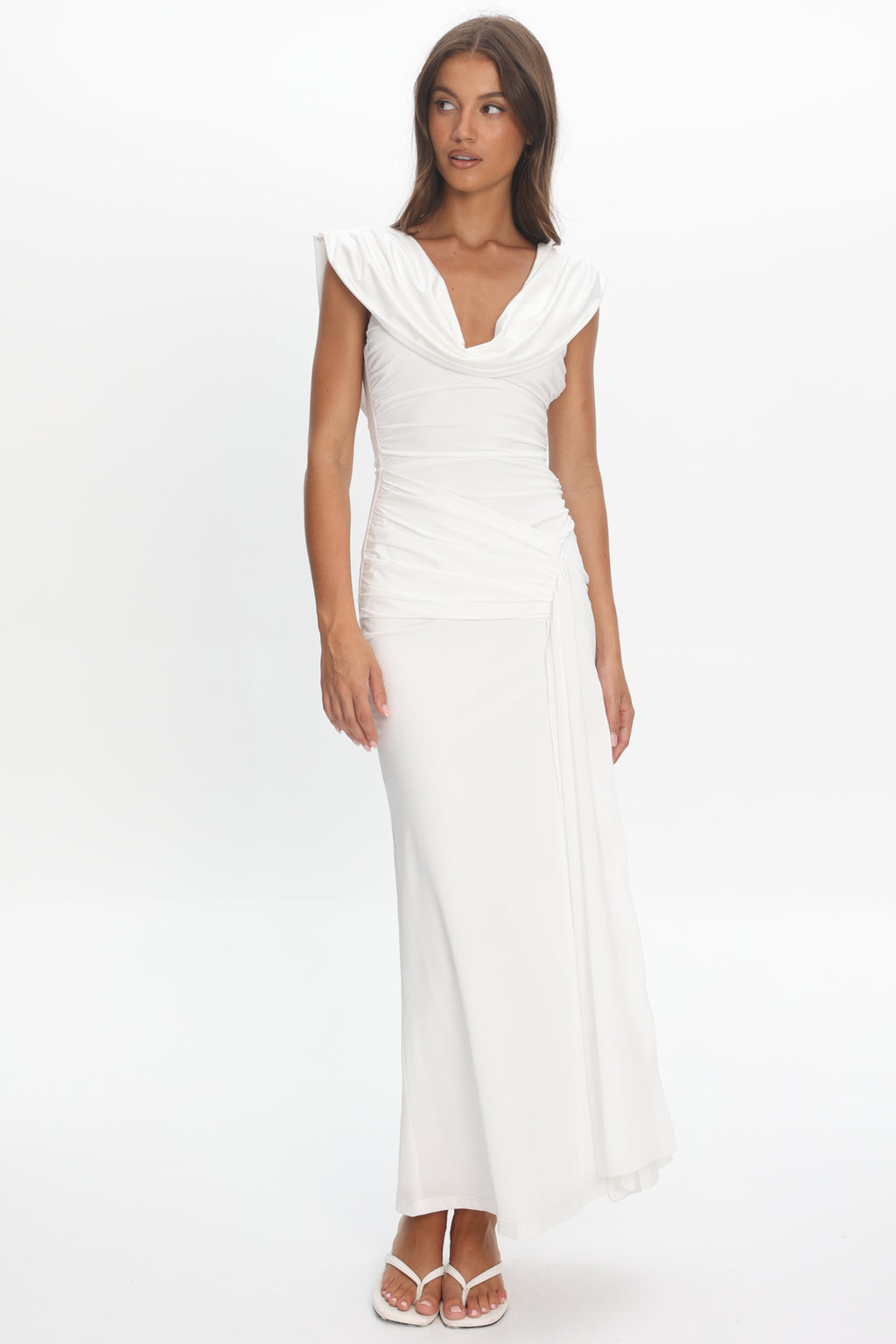 Fermi Draped Shoulder Maxi Dress Off White by Selfie Leslie