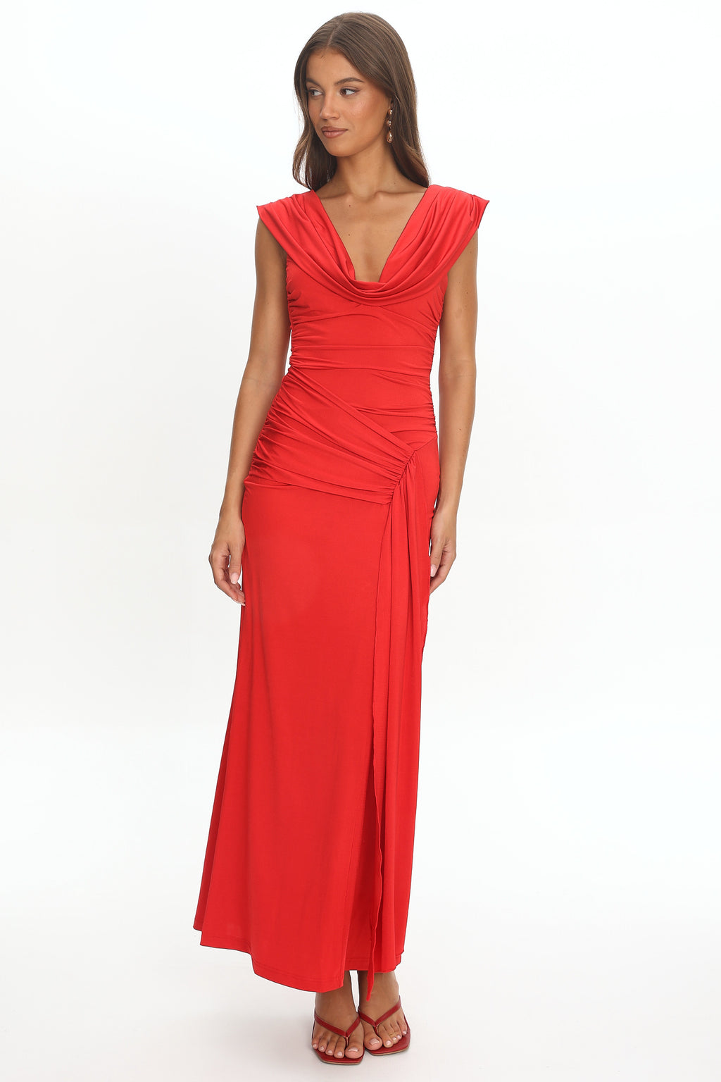 Virgo Season Draped Shoulder Maxi Dress Red by Selfie Leslie