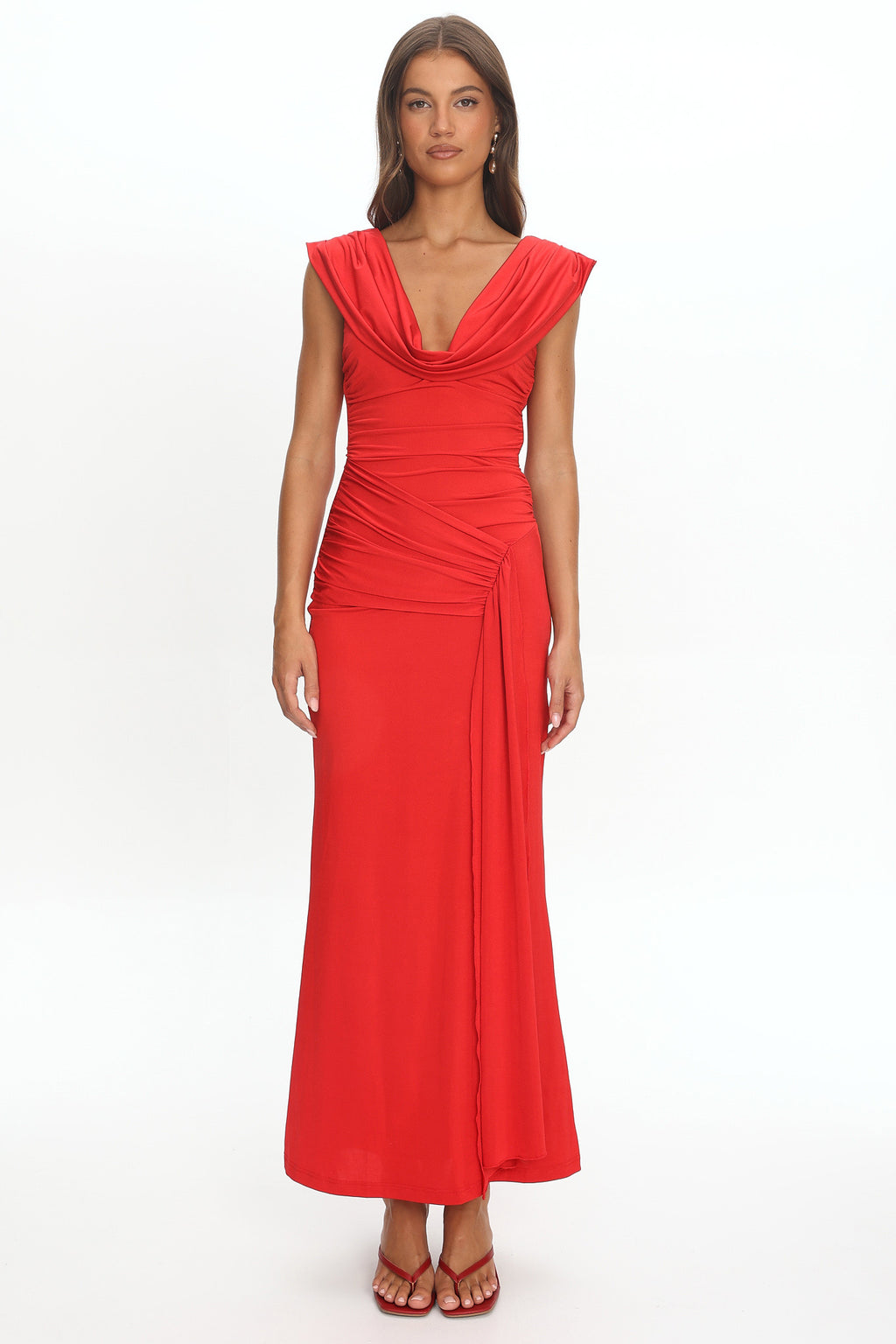 Virgo Season Draped Shoulder Maxi Dress Red by Selfie Leslie