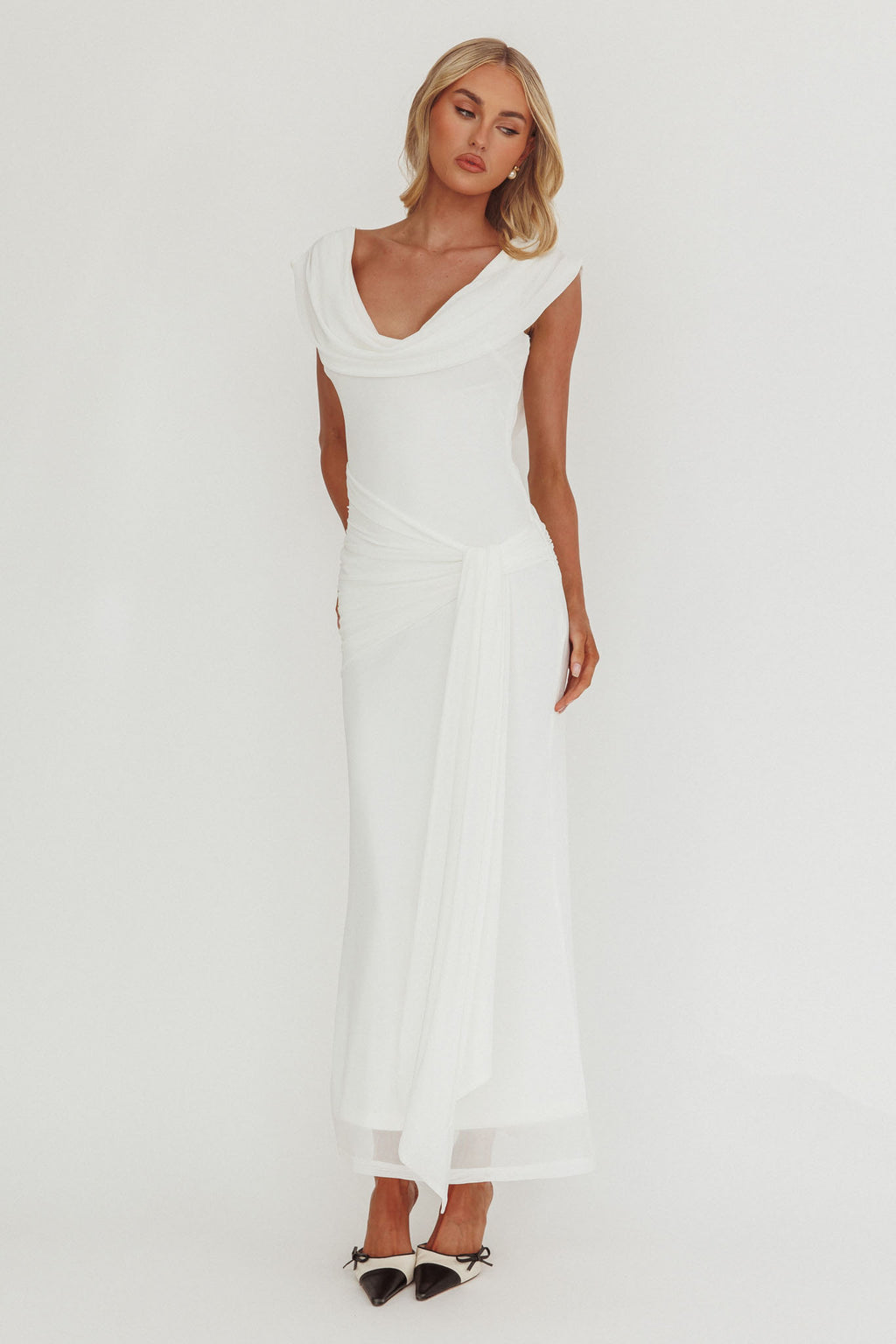 Virgo Season Draped Shoulder Maxi Dress White by Selfie Leslie