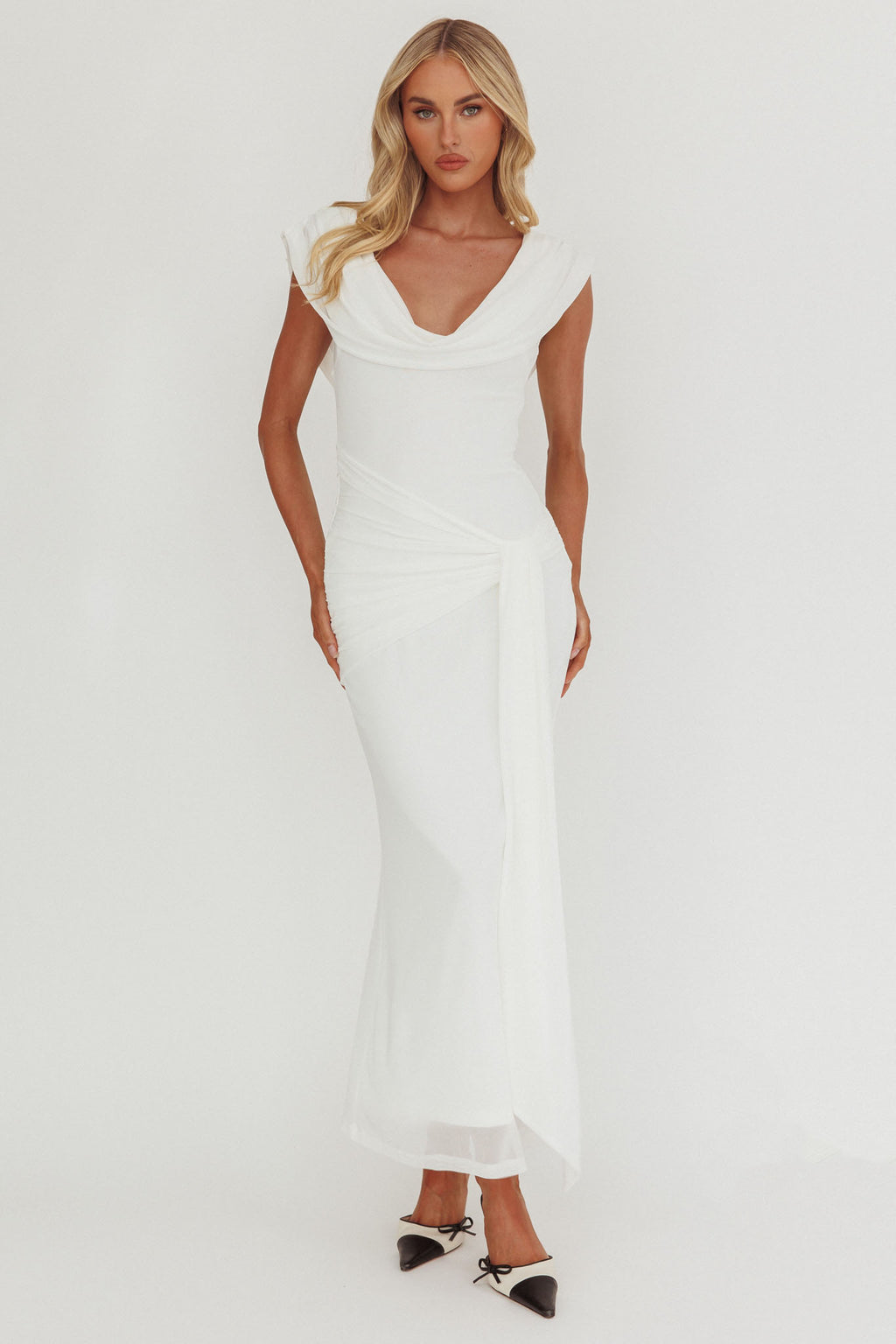 Virgo Season Draped Shoulder Maxi Dress White by Selfie Leslie