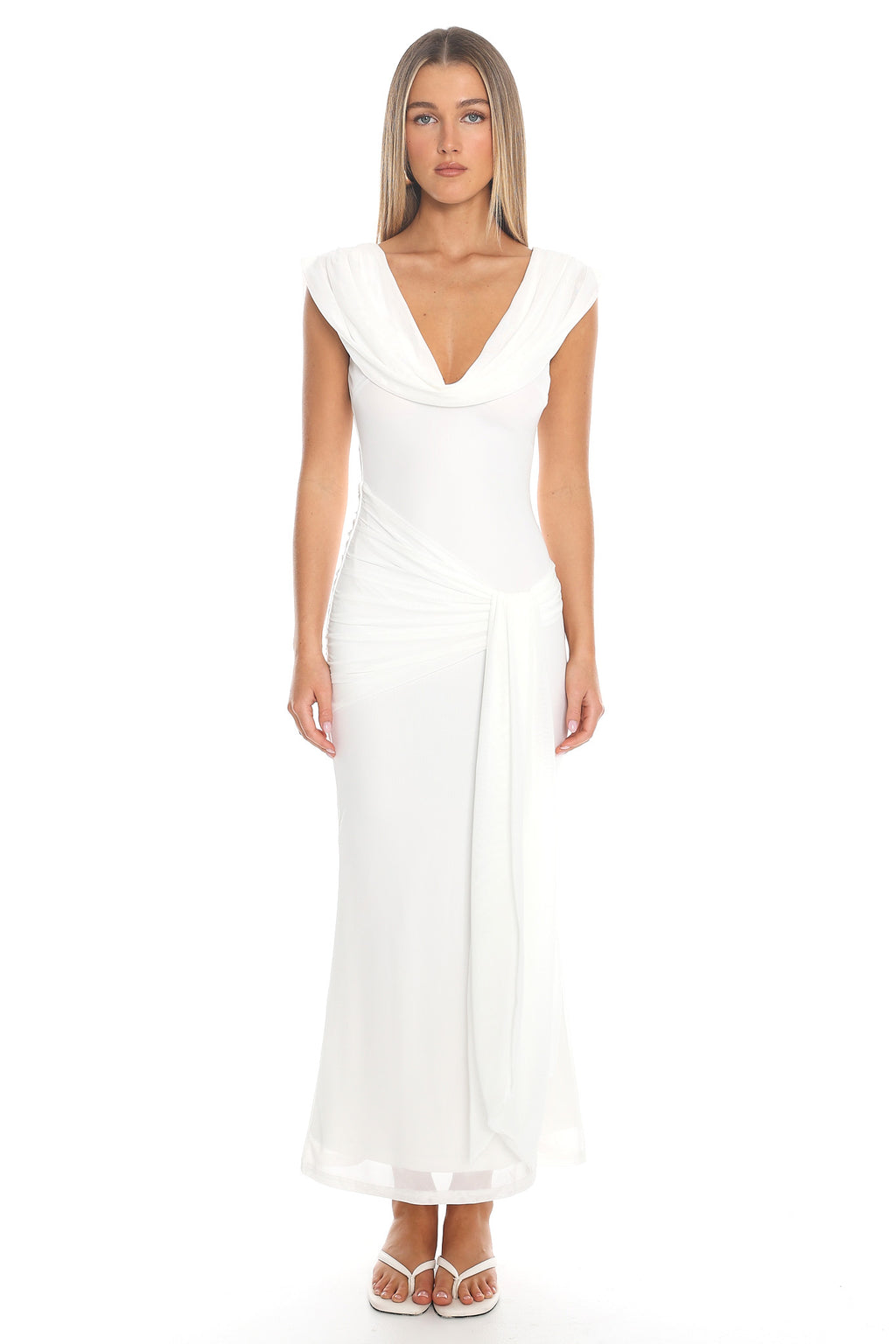 Virgo Season Draped Shoulder Maxi Dress White