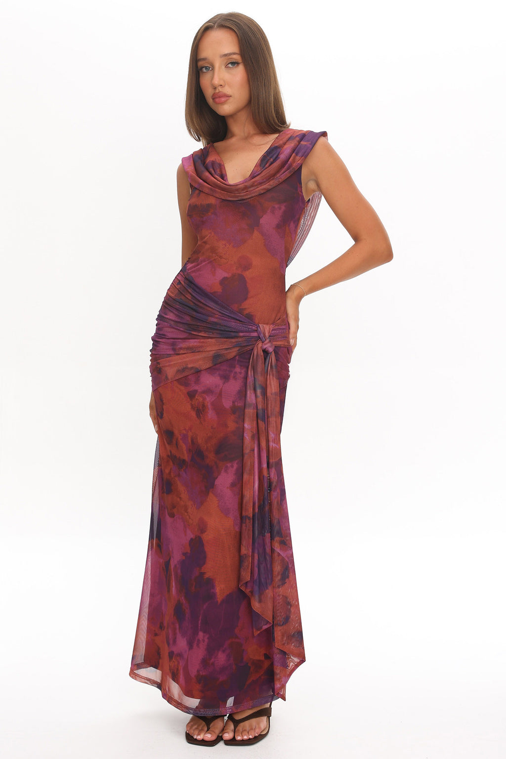 Virgo Season Draped Shoulder Maxi Dress Dark Rose