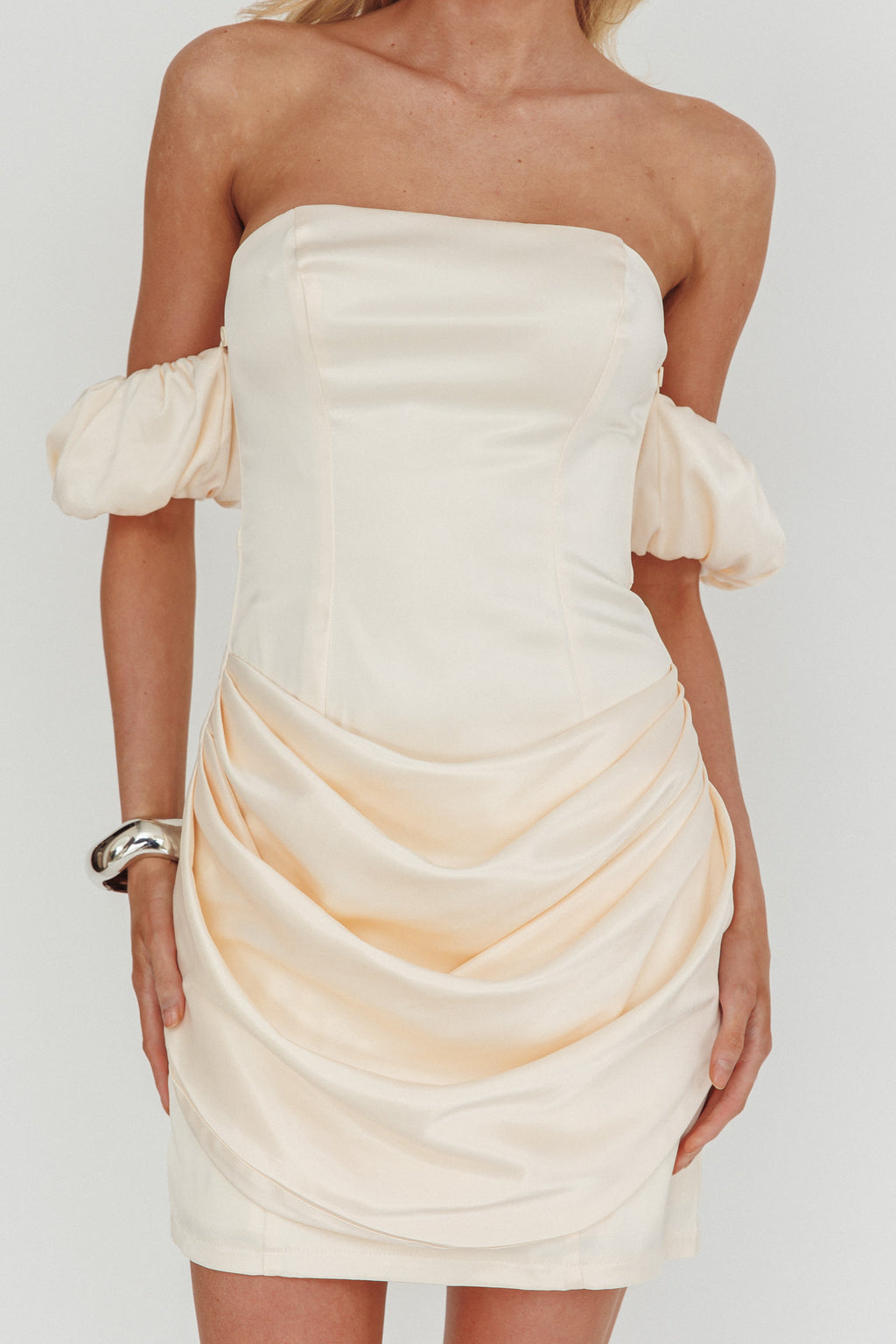 Everly Off-Shoulder Drape Mini Dress Cream by Selfie Leslie