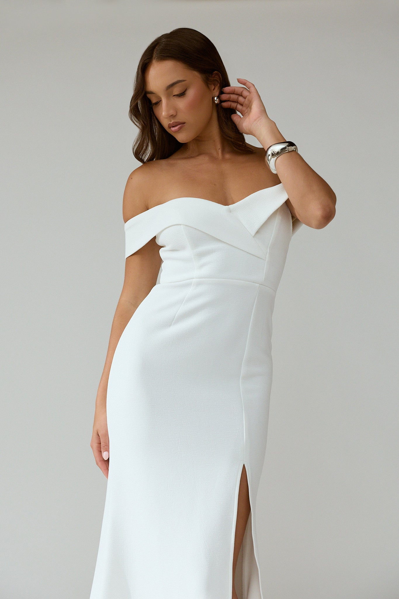 Rider Off-Shoulder Front Split Maxi Dress White by Selfie Leslie