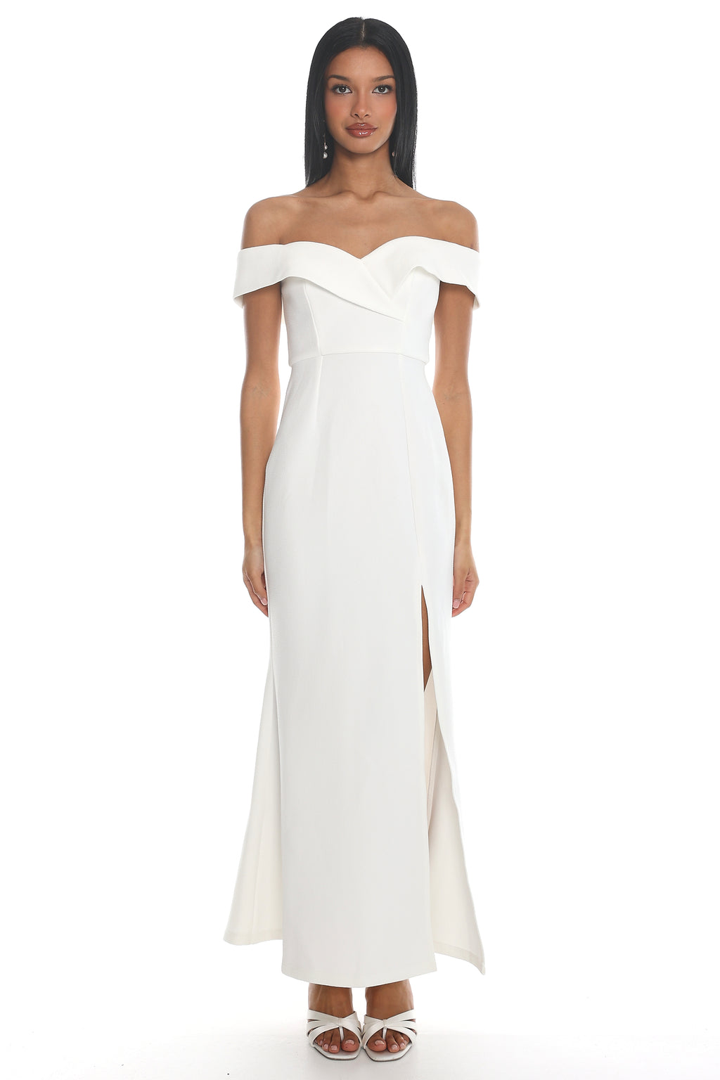 Rider Off-Shoulder Front Split Maxi Dress White by Selfie Leslie