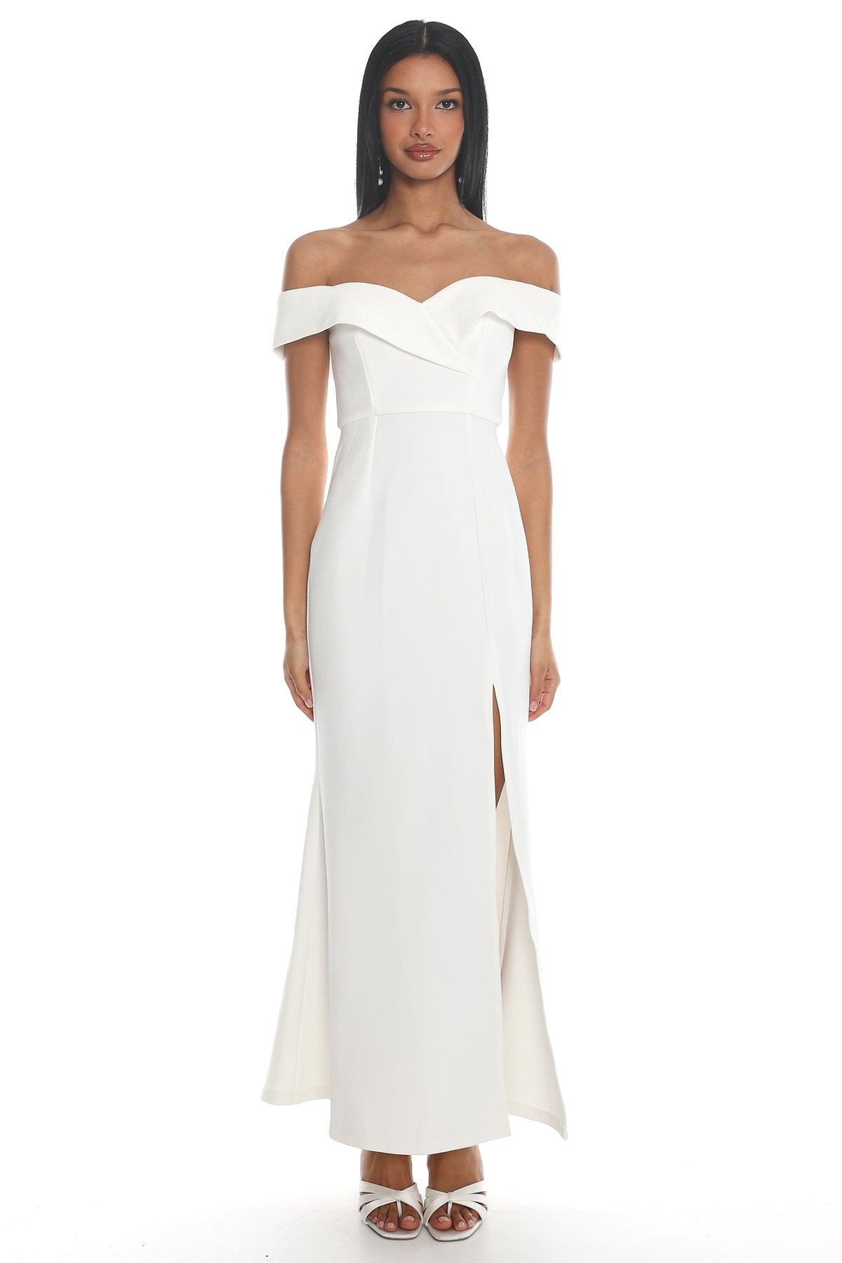 Rider Off-Shoulder Front Split Maxi Dress White by Selfie Leslie
