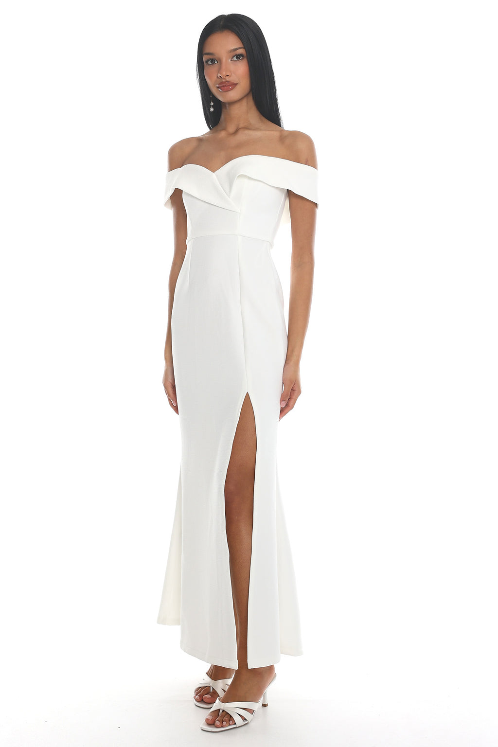 Rider Off-Shoulder Front Split Maxi Dress White by Selfie Leslie