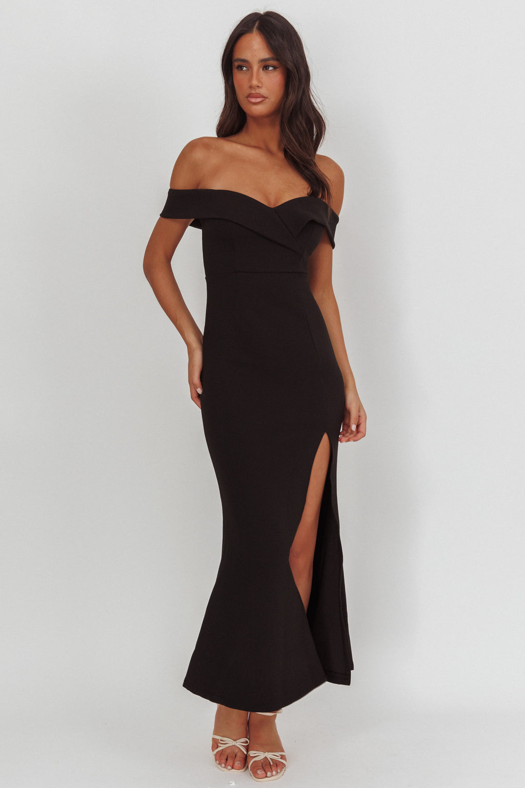 Rider Off-Shoulder Front Split Maxi Dress Black Selfie Leslie