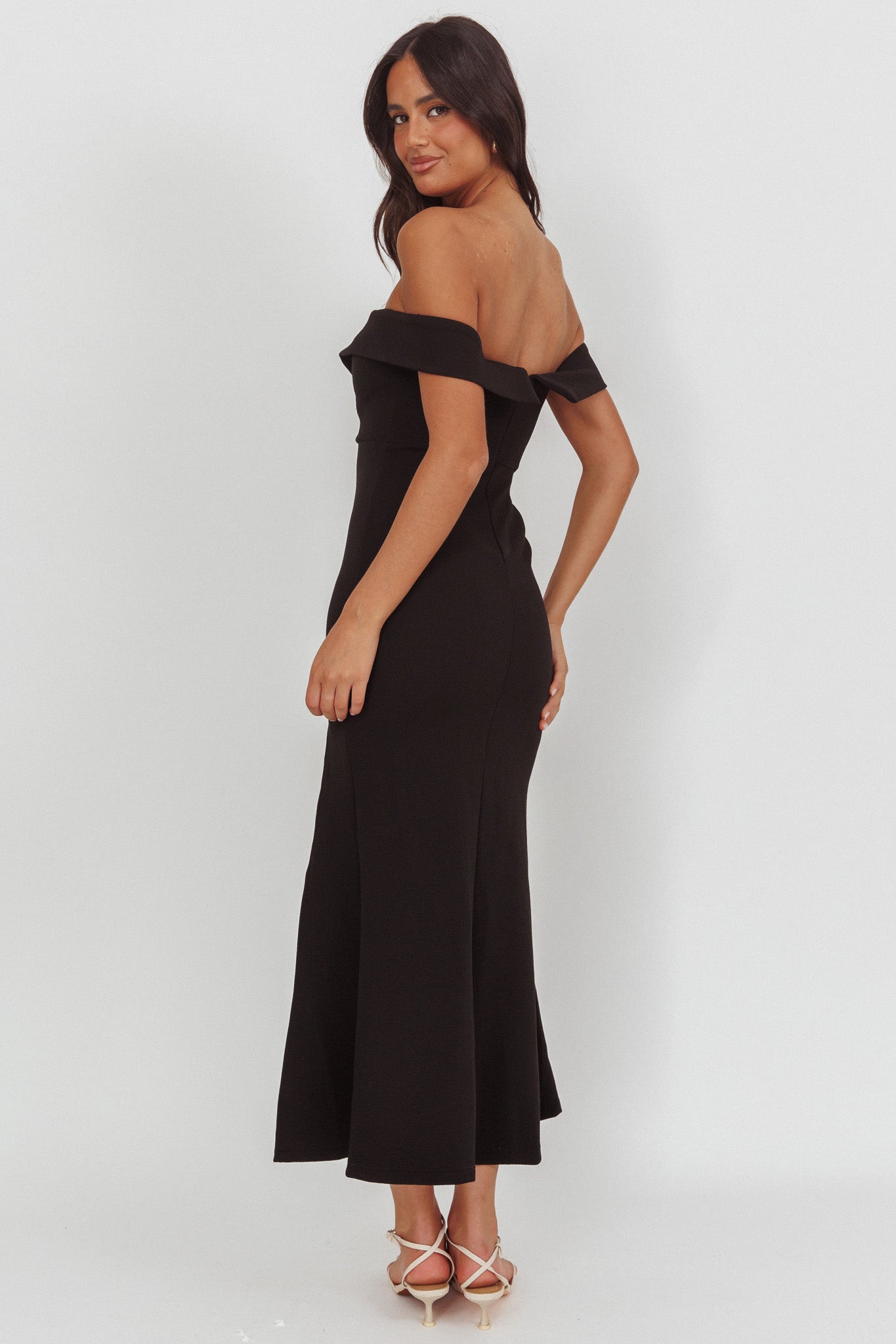 Rider Off-Shoulder Front Split Maxi Dress Black by Selfie Leslie